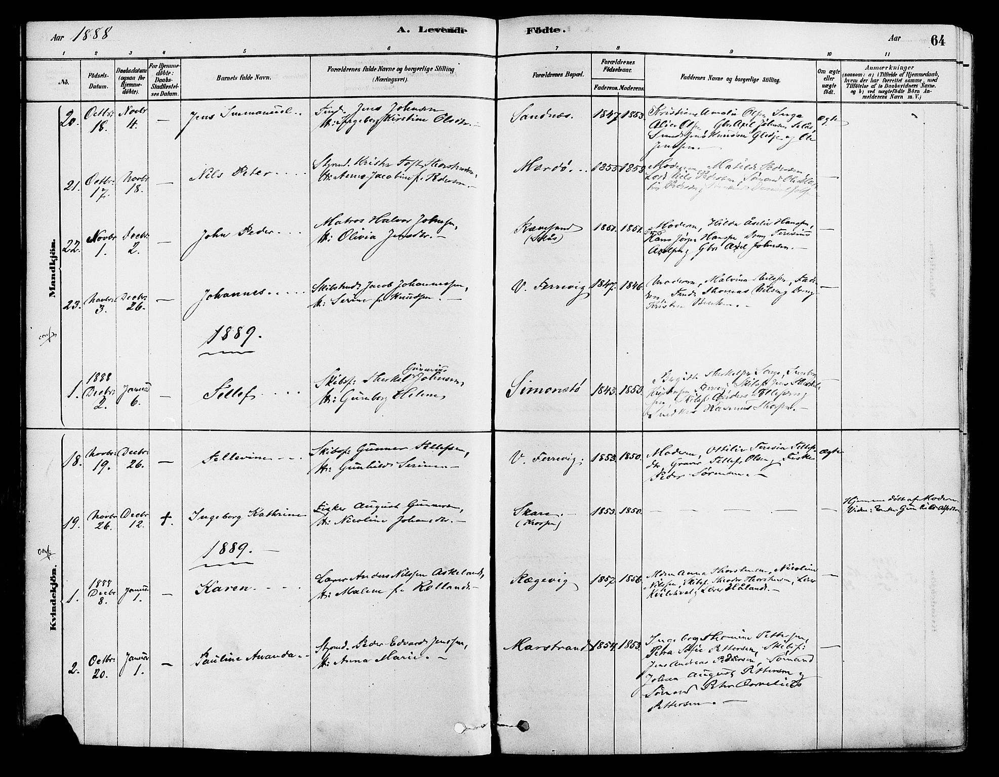 Tromøy sokneprestkontor, AV/SAK-1111-0041/F/Fa/L0009: Parish register (official) no. A 9, 1878-1896, p. 64