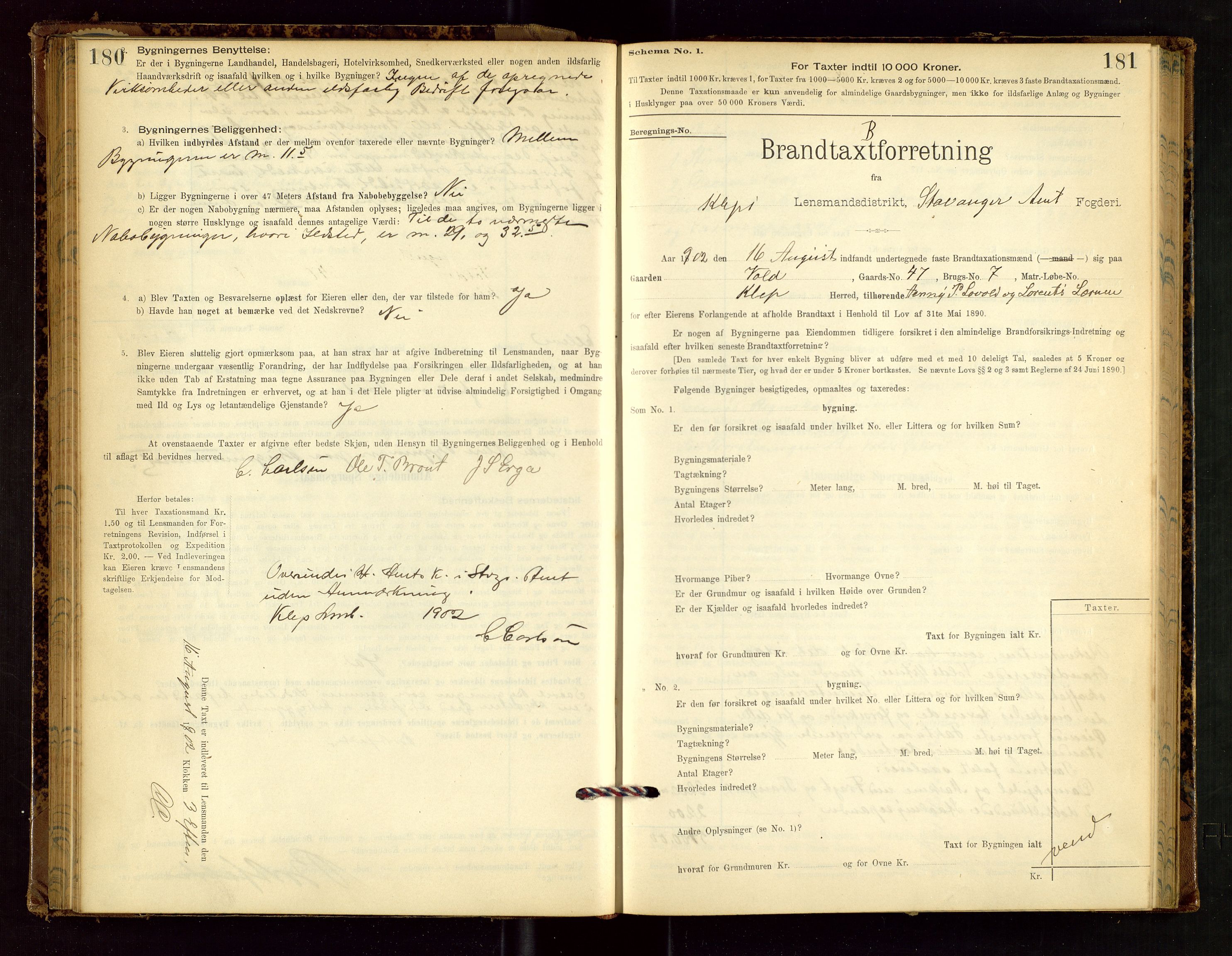 Klepp lensmannskontor, AV/SAST-A-100163/Goc/L0002: "Brandtaxationsprotokol" m/register, 1898-1902, p. 180-181