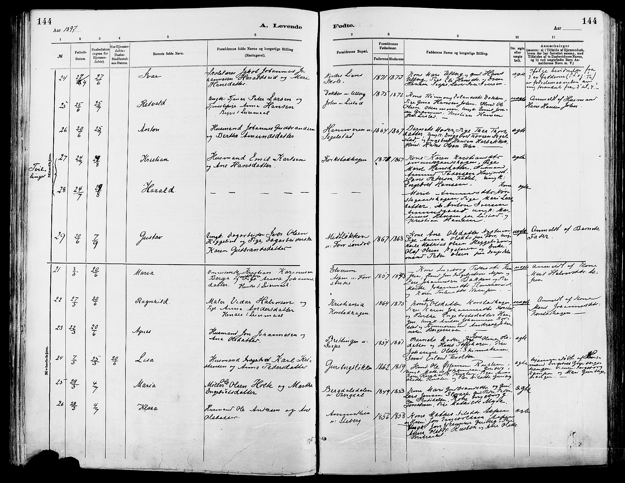 Sør-Fron prestekontor, AV/SAH-PREST-010/H/Ha/Haa/L0003: Parish register (official) no. 3, 1881-1897, p. 144