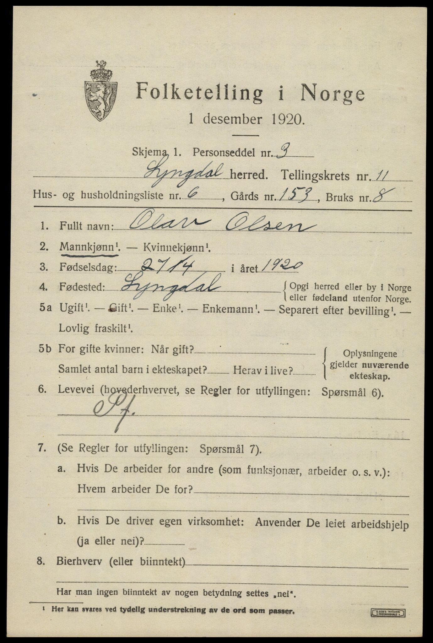 SAK, 1920 census for Lyngdal, 1920, p. 5341