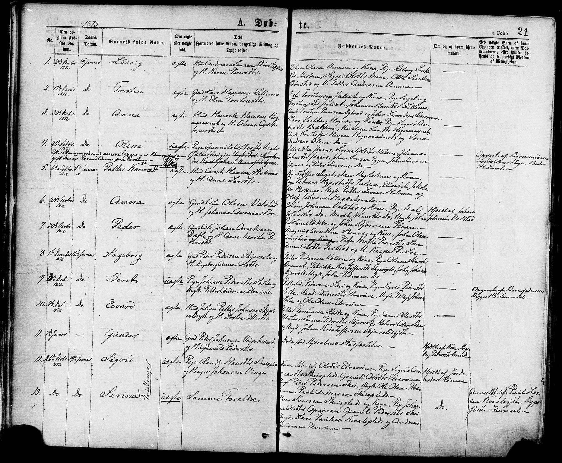 Ministerialprotokoller, klokkerbøker og fødselsregistre - Nord-Trøndelag, SAT/A-1458/709/L0076: Parish register (official) no. 709A16, 1871-1879, p. 21
