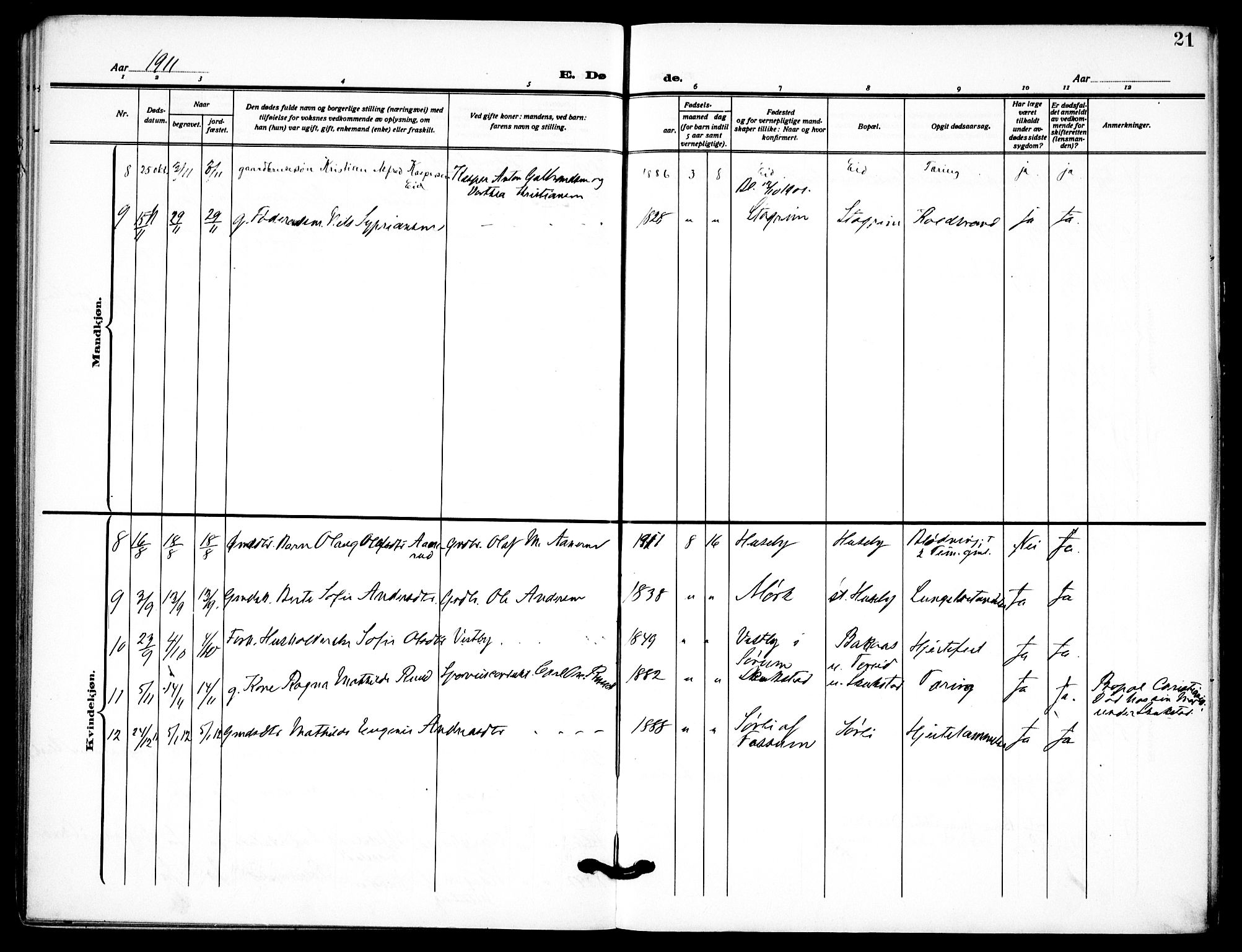 Aurskog prestekontor Kirkebøker, SAO/A-10304a/F/Fb/L0003: Parish register (official) no. II 3, 1909-1919, p. 21