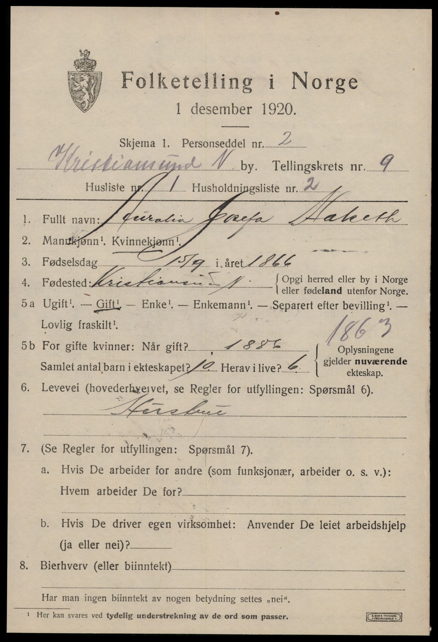 SAT, 1920 census for Kristiansund, 1920, p. 21383