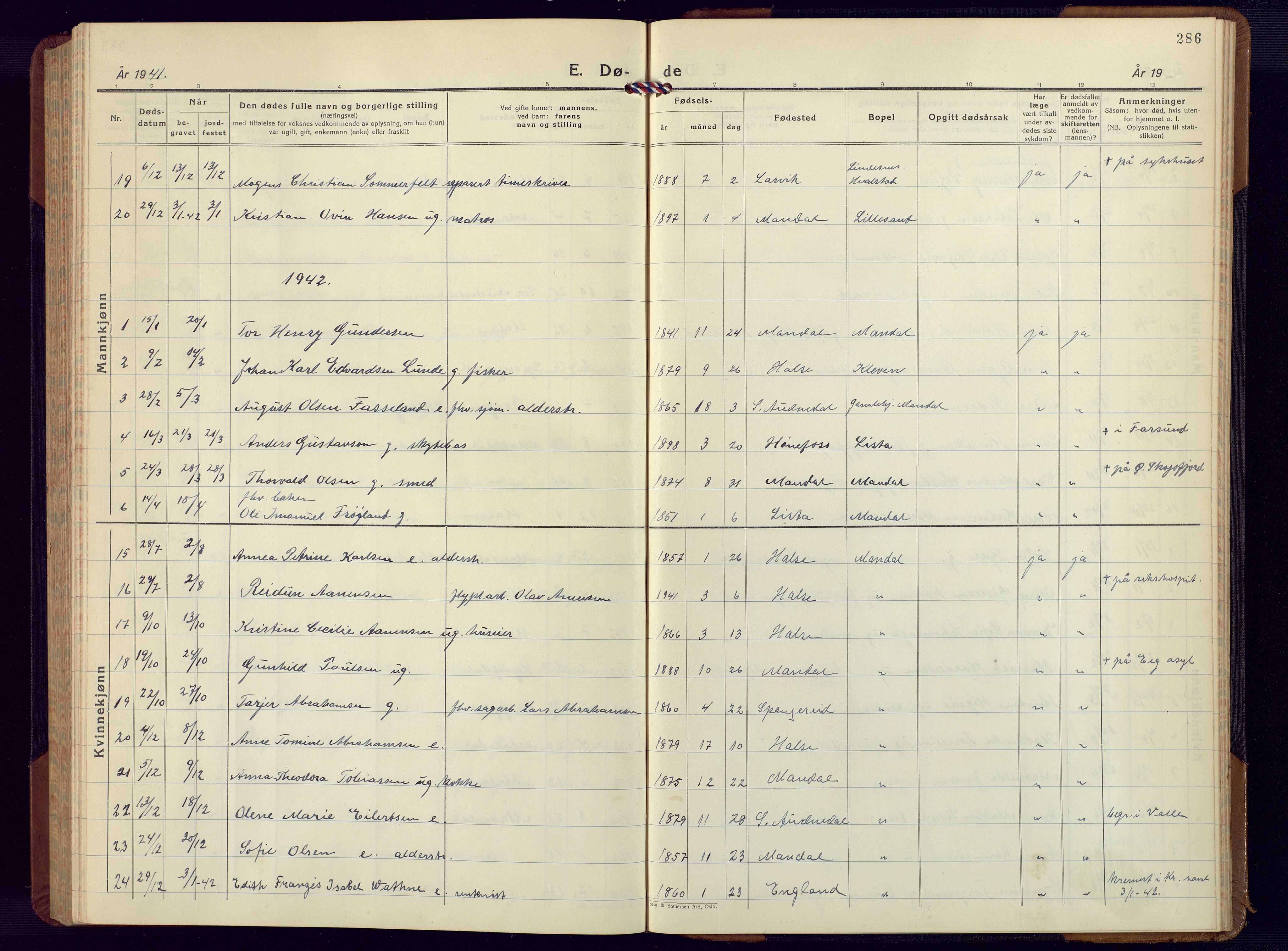 Mandal sokneprestkontor, SAK/1111-0030/F/Fb/Fbc/L0002: Parish register (copy) no. B 2, 1931-1949, p. 286