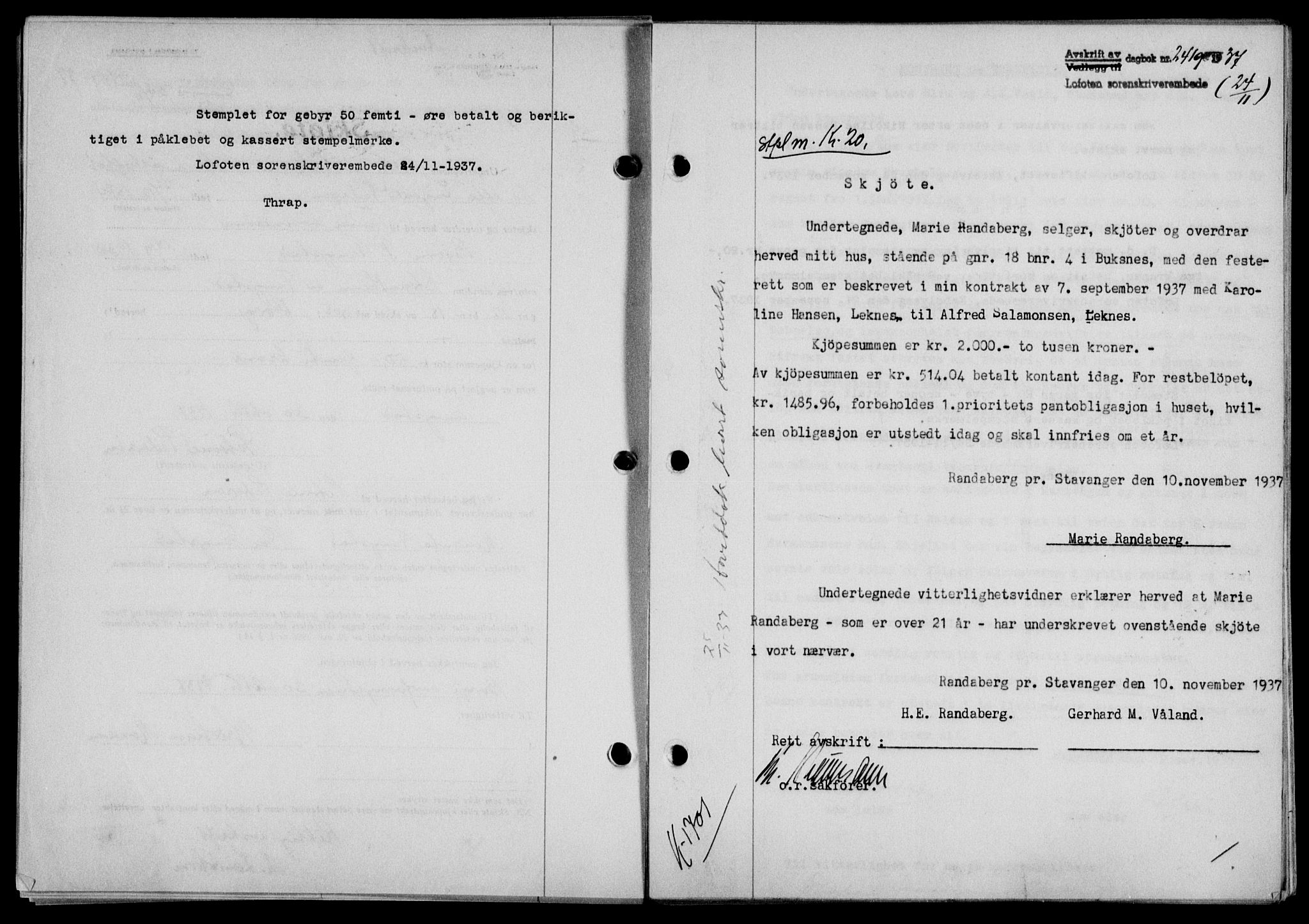 Lofoten sorenskriveri, SAT/A-0017/1/2/2C/L0003a: Mortgage book no. 3a, 1937-1938, Diary no: : 2419/1937