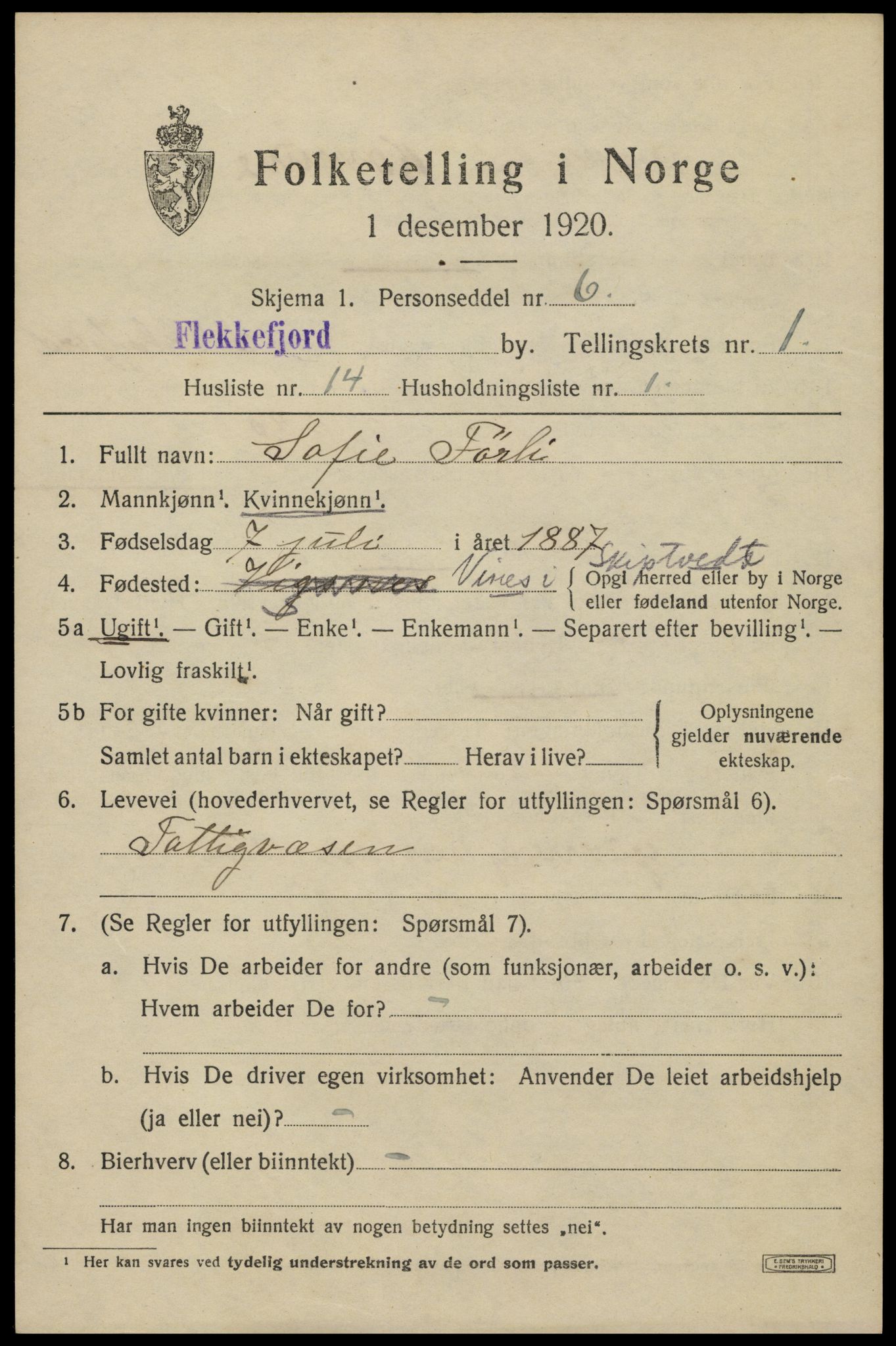SAK, 1920 census for Flekkefjord, 1920, p. 2006