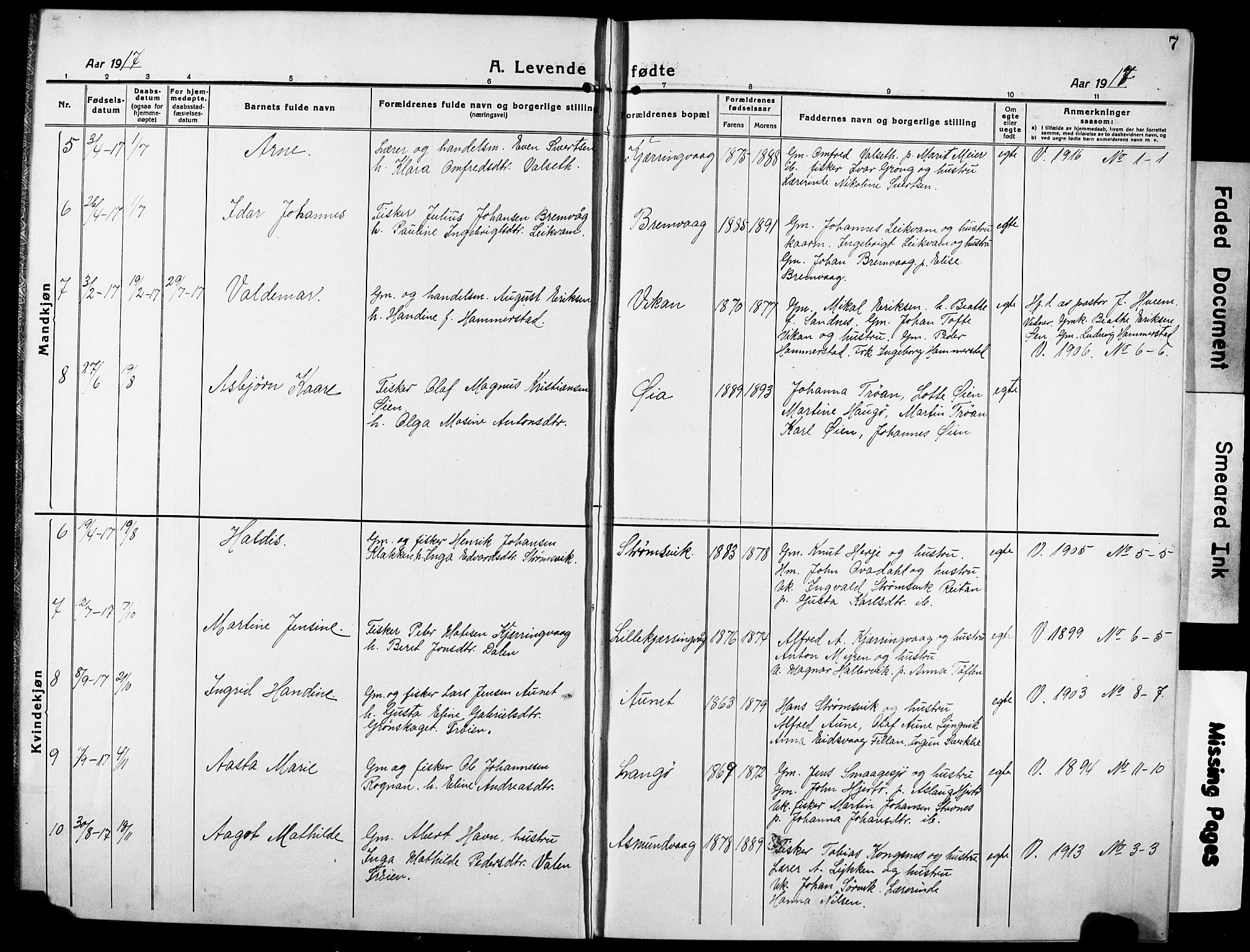 Ministerialprotokoller, klokkerbøker og fødselsregistre - Sør-Trøndelag, AV/SAT-A-1456/634/L0543: Parish register (copy) no. 634C05, 1917-1928, p. 7