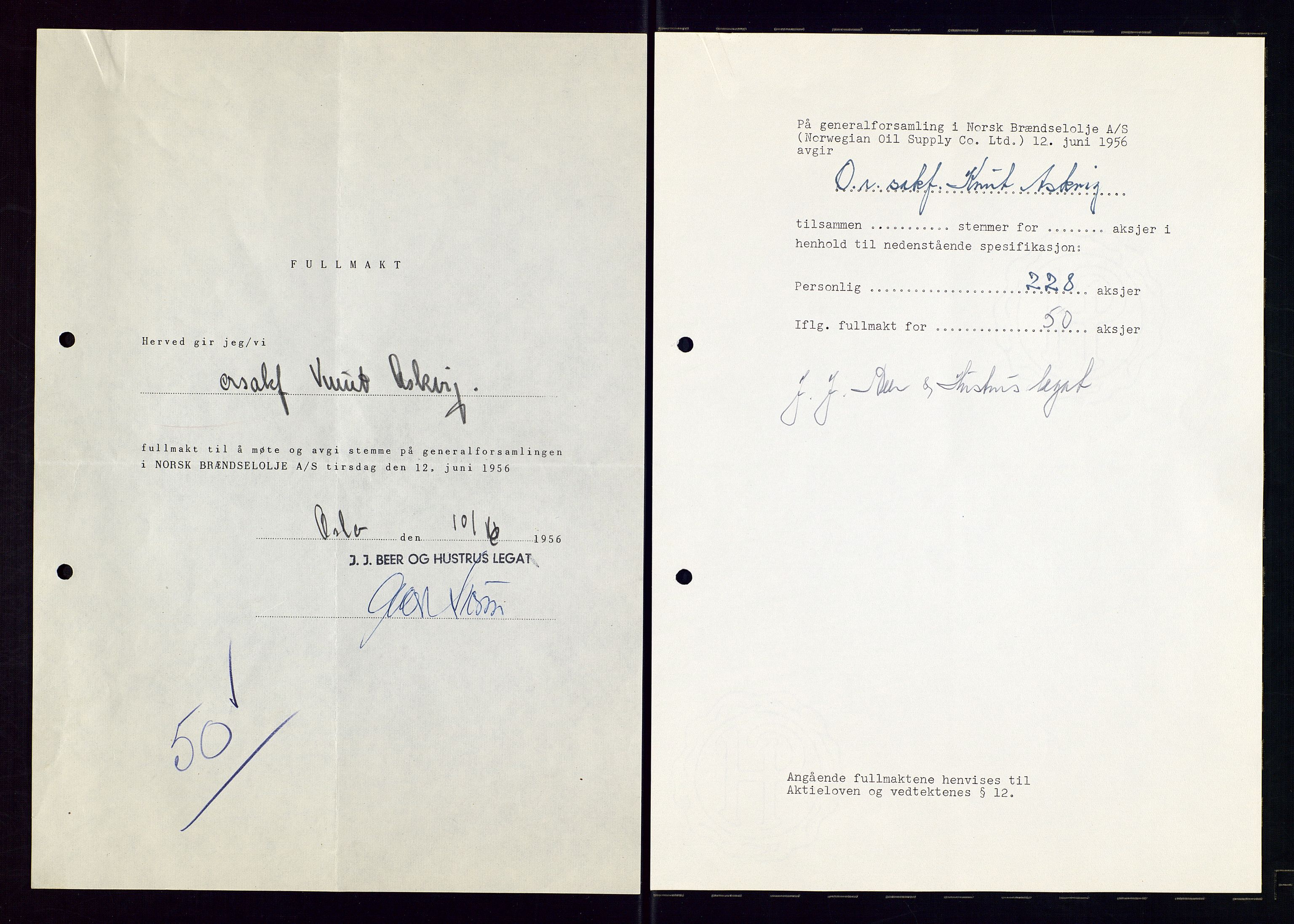 PA 1544 - Norsk Brændselolje A/S, SAST/A-101965/1/A/Aa/L0007/0003: Generalforsamling / Generalforsamling 1956, ekstraordinær generalforsamling 1957, 1956-1957, p. 99