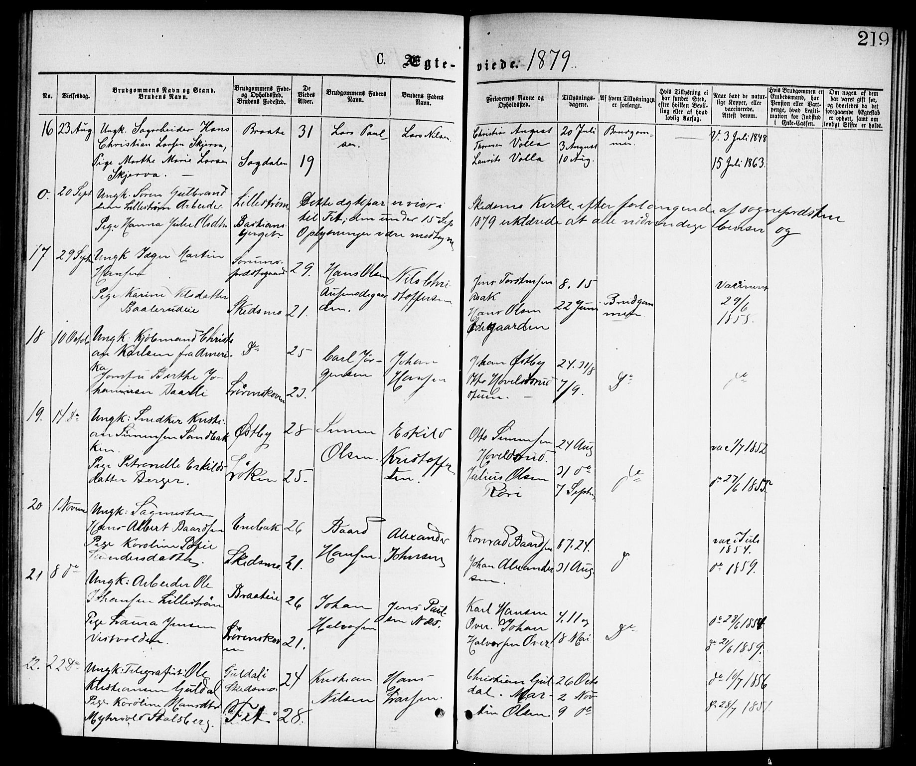 Skedsmo prestekontor Kirkebøker, SAO/A-10033a/G/Ga/L0003: Parish register (copy) no. I 3, 1873-1882, p. 219