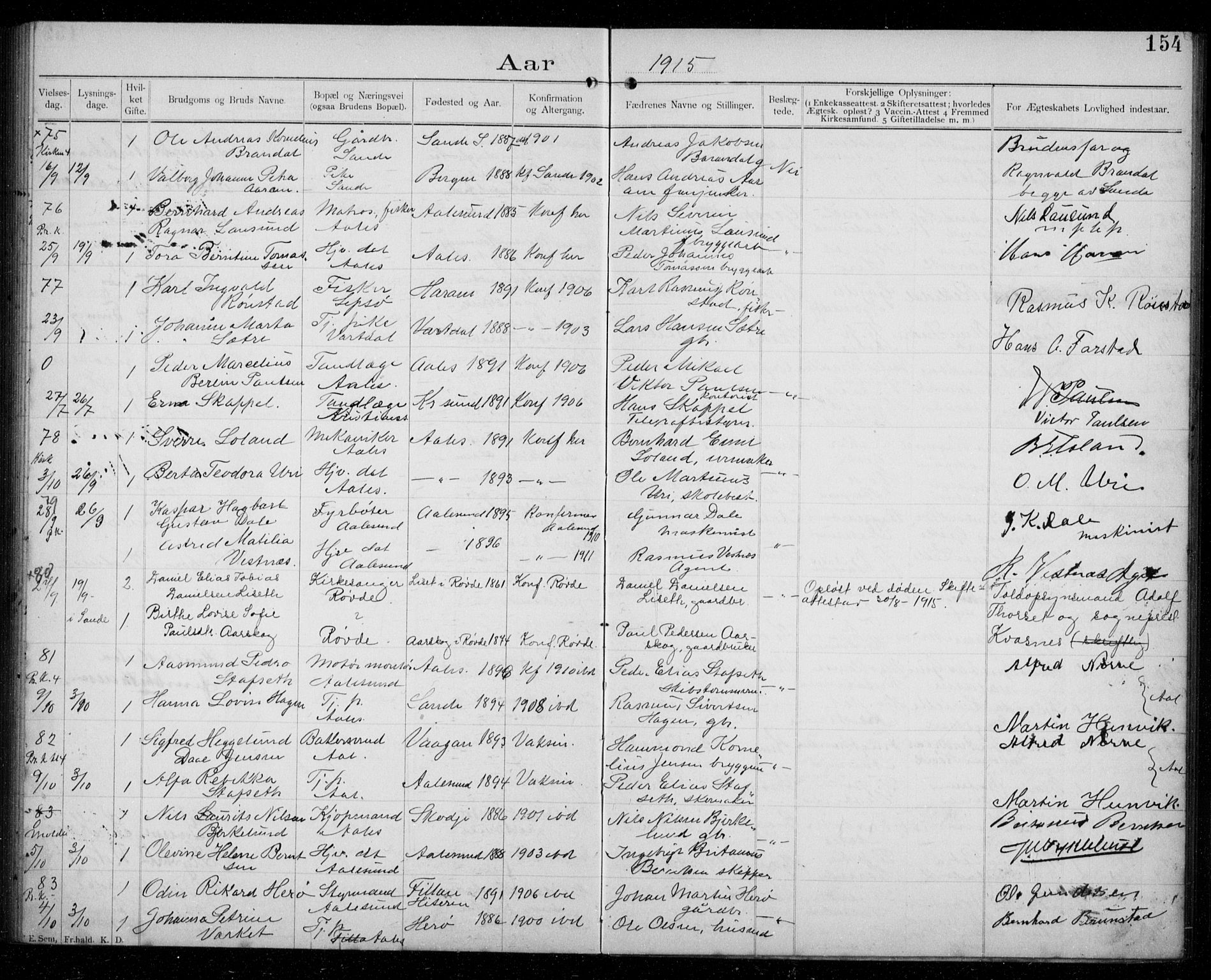 Ministerialprotokoller, klokkerbøker og fødselsregistre - Møre og Romsdal, AV/SAT-A-1454/529/L0458: Banns register no. 529A08, 1901-1918, p. 154