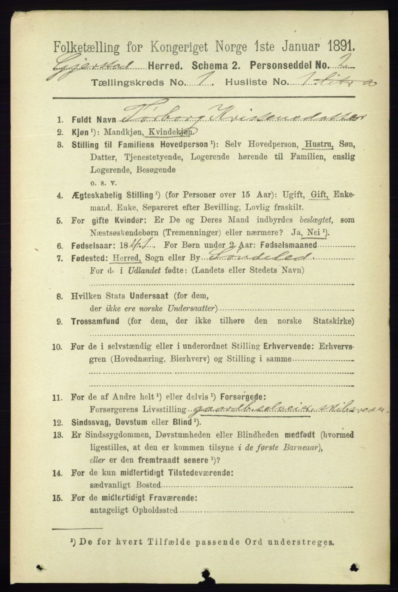 RA, 1891 census for 0911 Gjerstad, 1891, p. 105