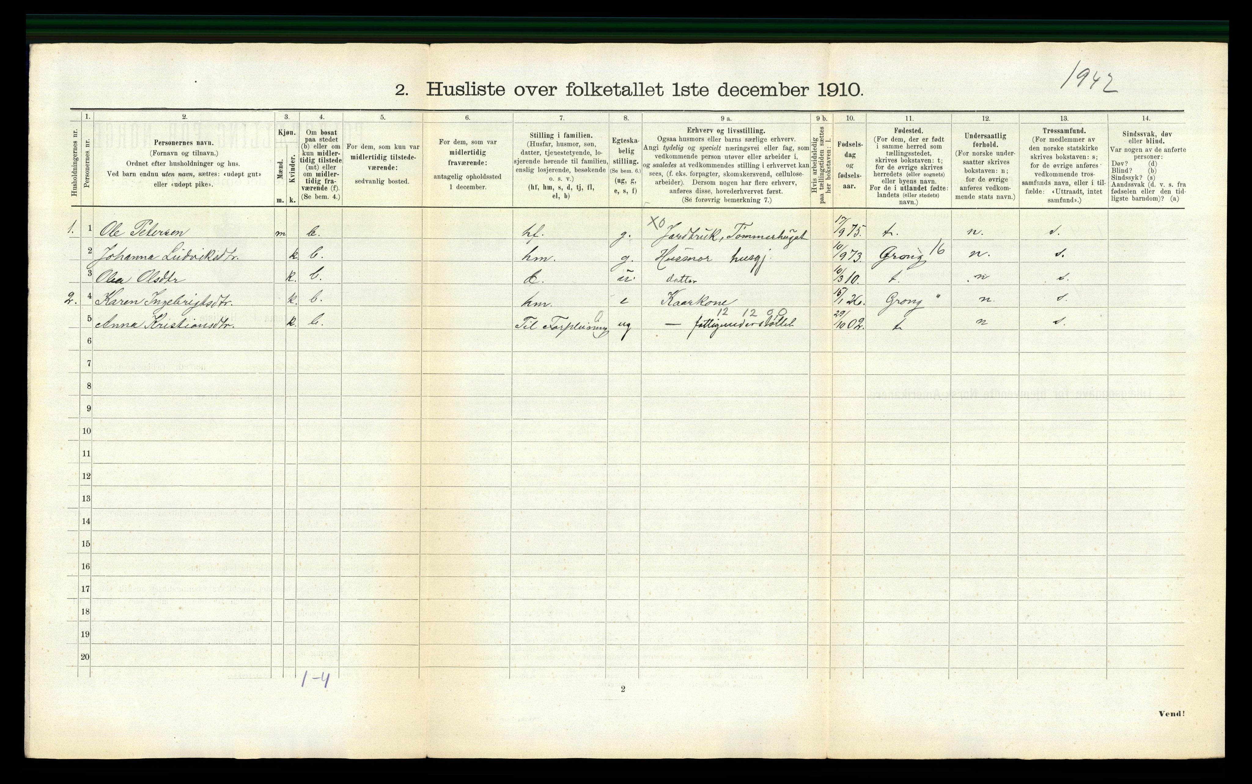 RA, 1910 census for Overhalla, 1910, p. 820