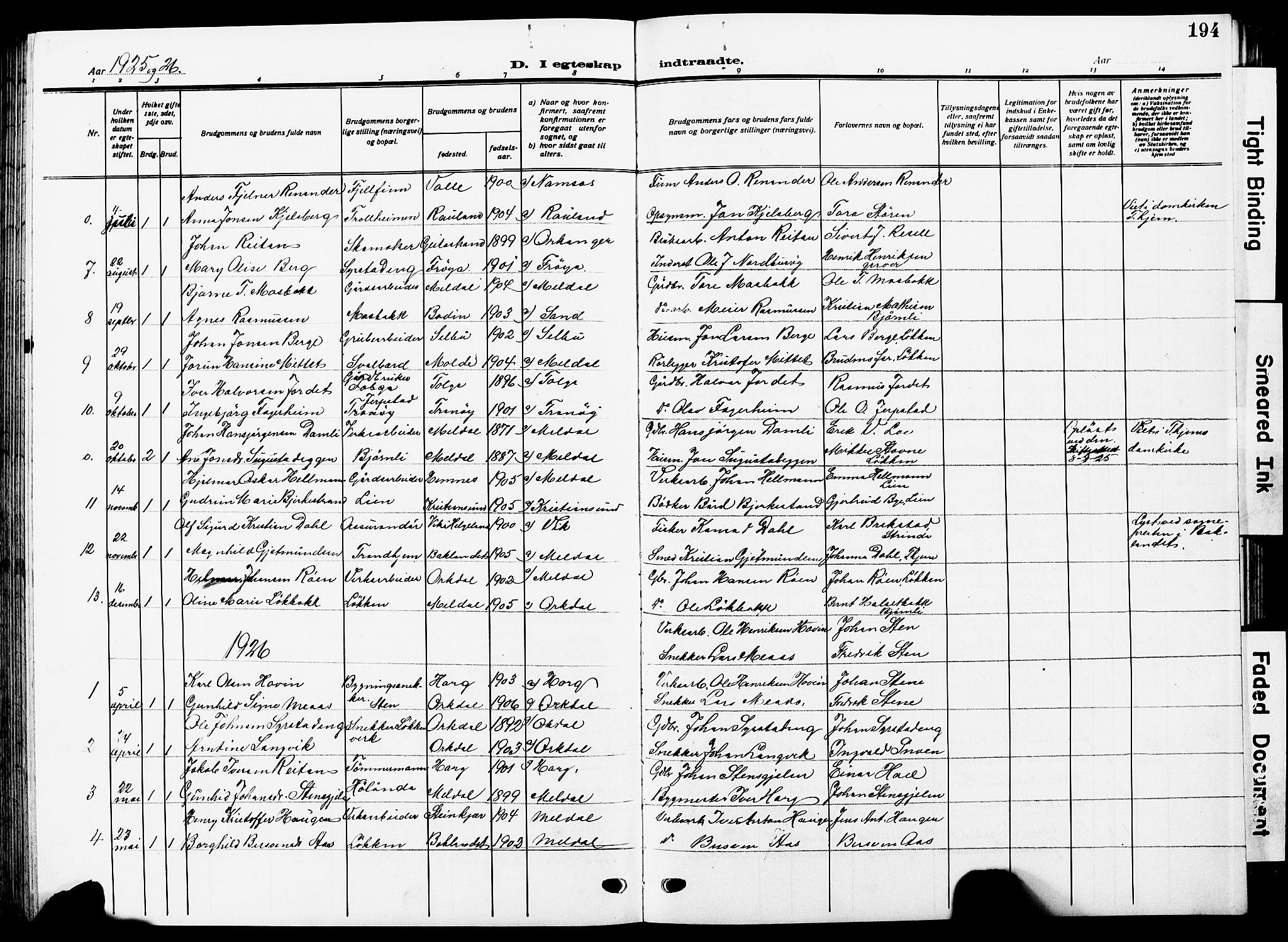 Ministerialprotokoller, klokkerbøker og fødselsregistre - Sør-Trøndelag, SAT/A-1456/672/L0865: Parish register (copy) no. 672C04, 1914-1928, p. 194