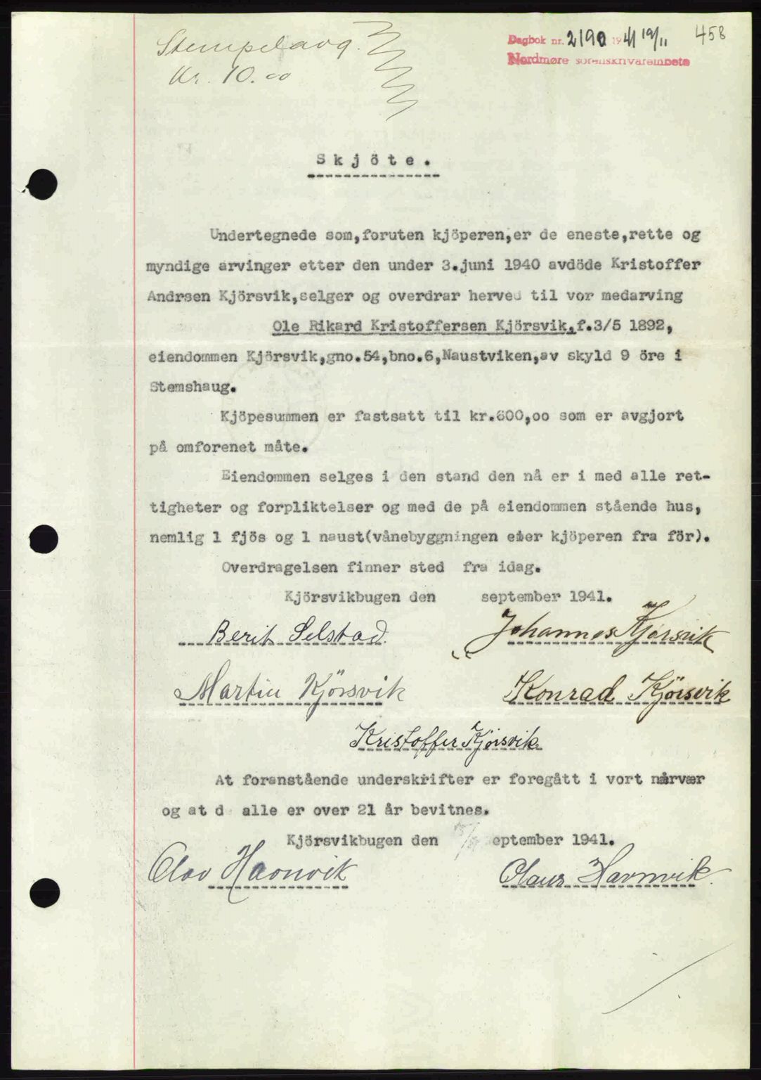 Nordmøre sorenskriveri, AV/SAT-A-4132/1/2/2Ca: Mortgage book no. A91, 1941-1942, Diary no: : 2190/1941