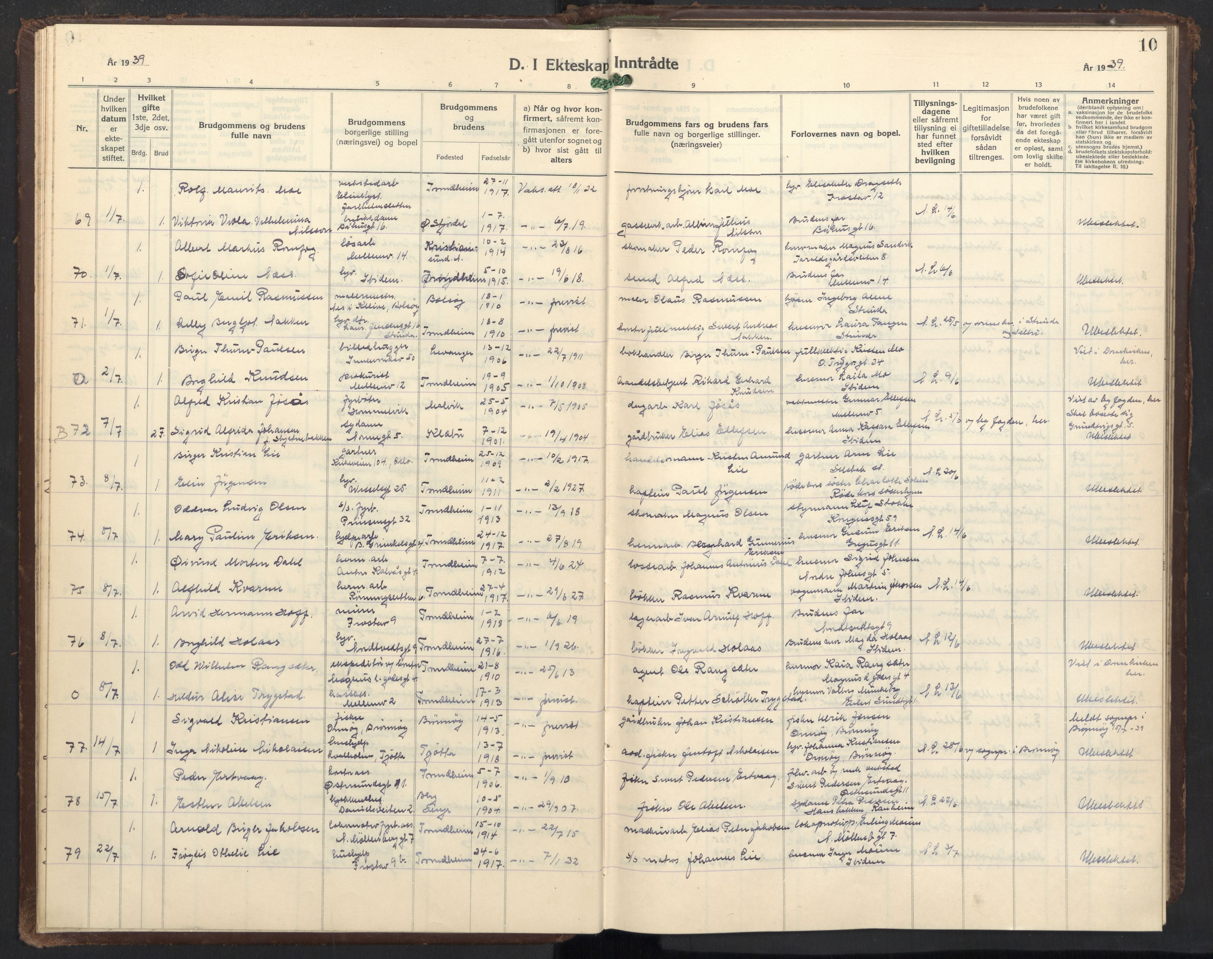 Ministerialprotokoller, klokkerbøker og fødselsregistre - Sør-Trøndelag, AV/SAT-A-1456/605/L0263: Parish register (copy) no. 605C10, 1938-1949, p. 10