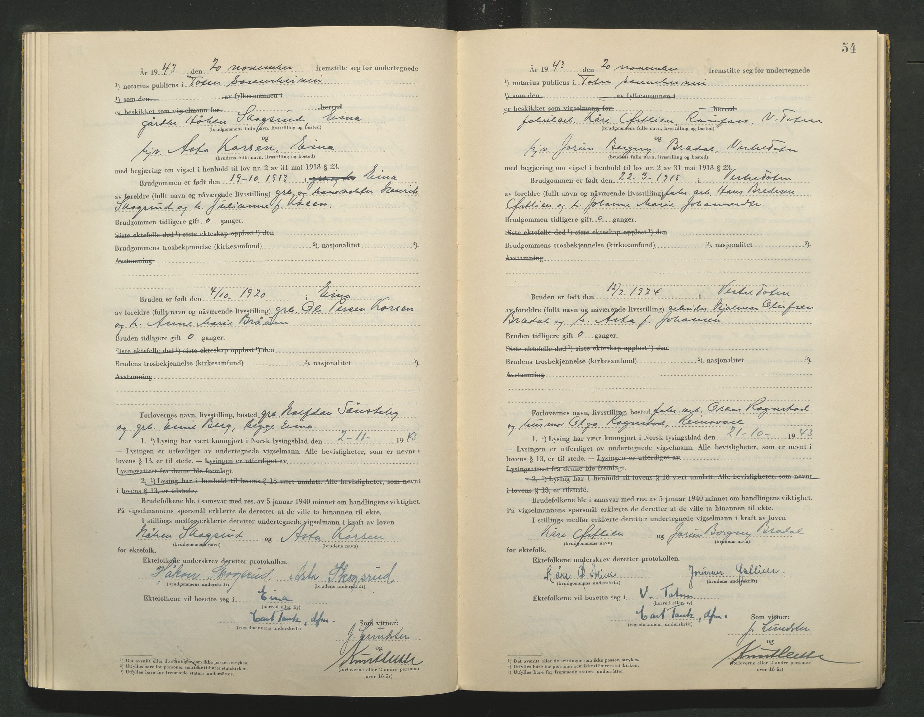 Toten tingrett, AV/SAH-TING-006/L/Lc/L0003: Vigselbok, 1943-1944, p. 54