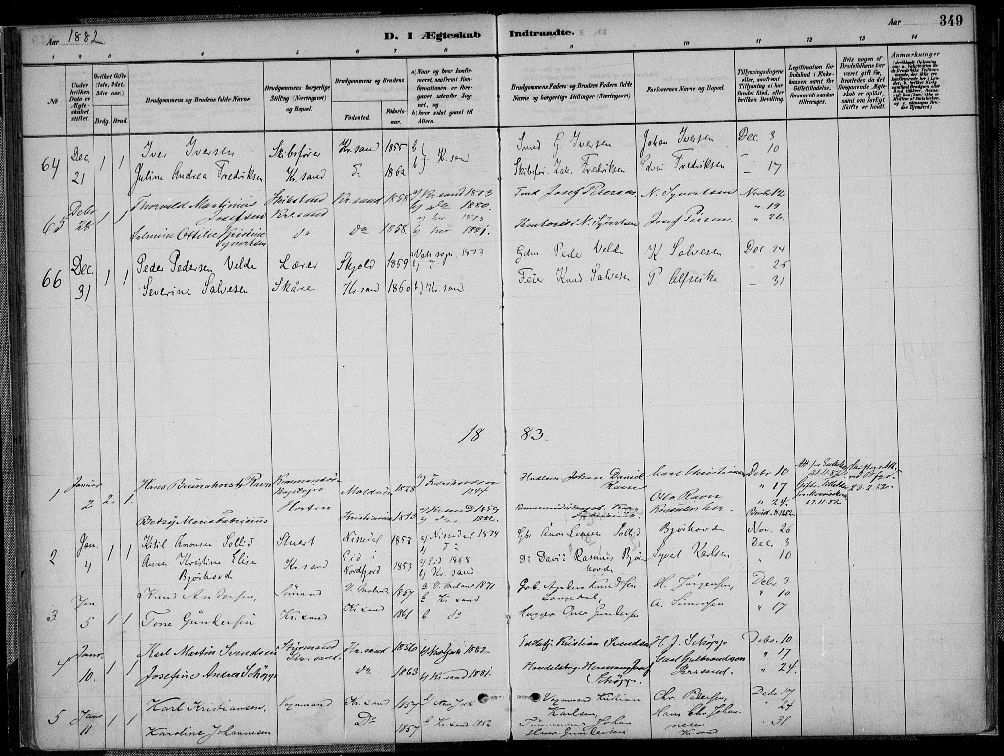Kristiansand domprosti, SAK/1112-0006/F/Fa/L0017: Parish register (official) no. A 16B, 1880-1890, p. 349