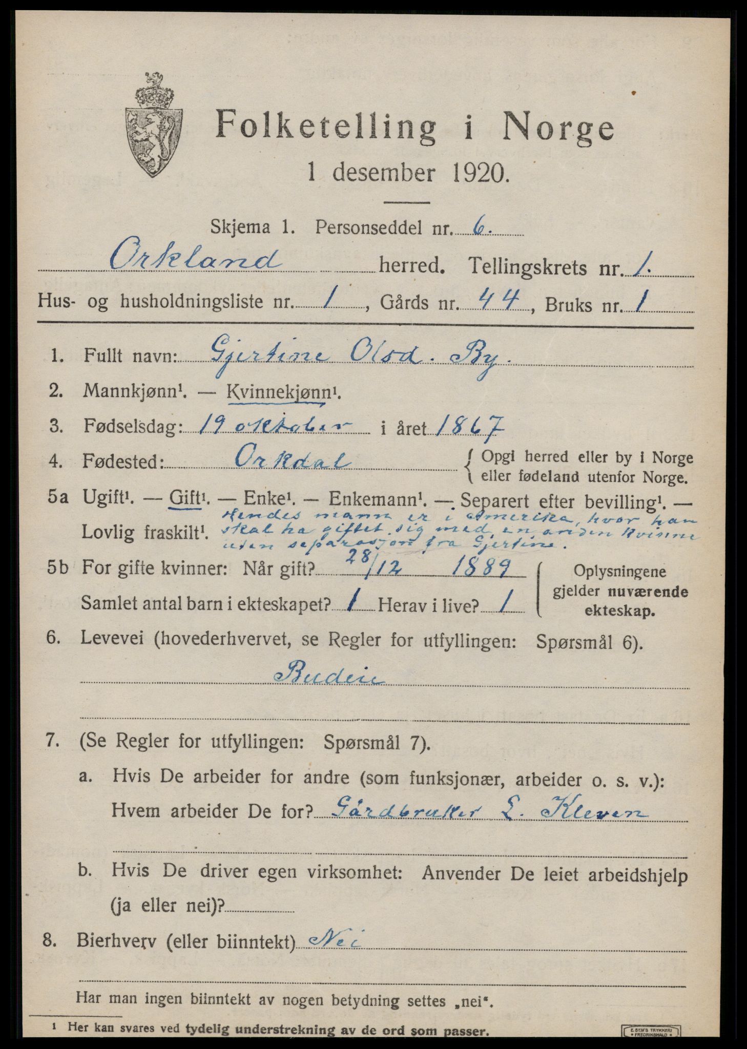 SAT, 1920 census for Orkland, 1920, p. 756