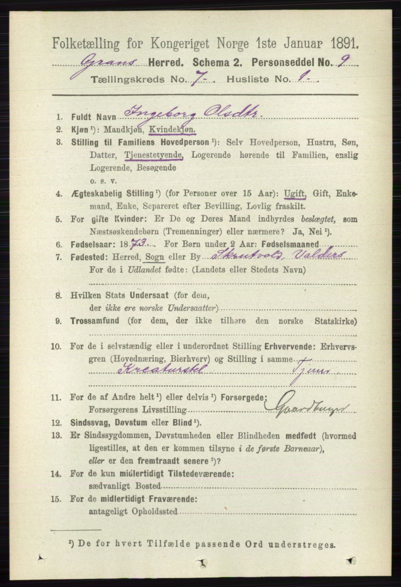 RA, 1891 census for 0534 Gran, 1891, p. 2804