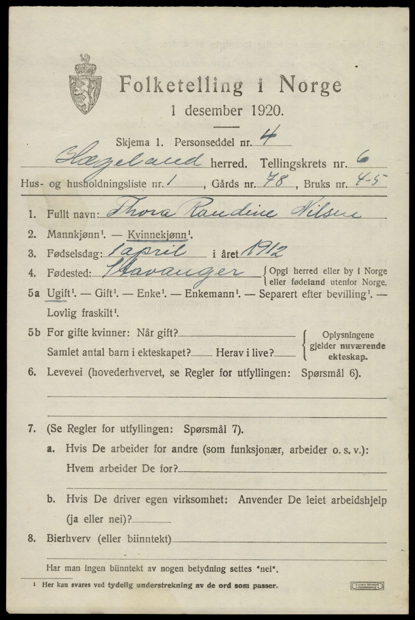 SAK, 1920 census for Hægeland, 1920, p. 2107