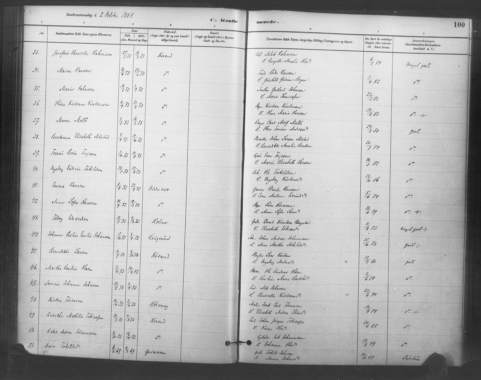 Kristiansand domprosti, SAK/1112-0006/F/Fa/L0018: Parish register (official) no. A 17, 1880-1892, p. 100