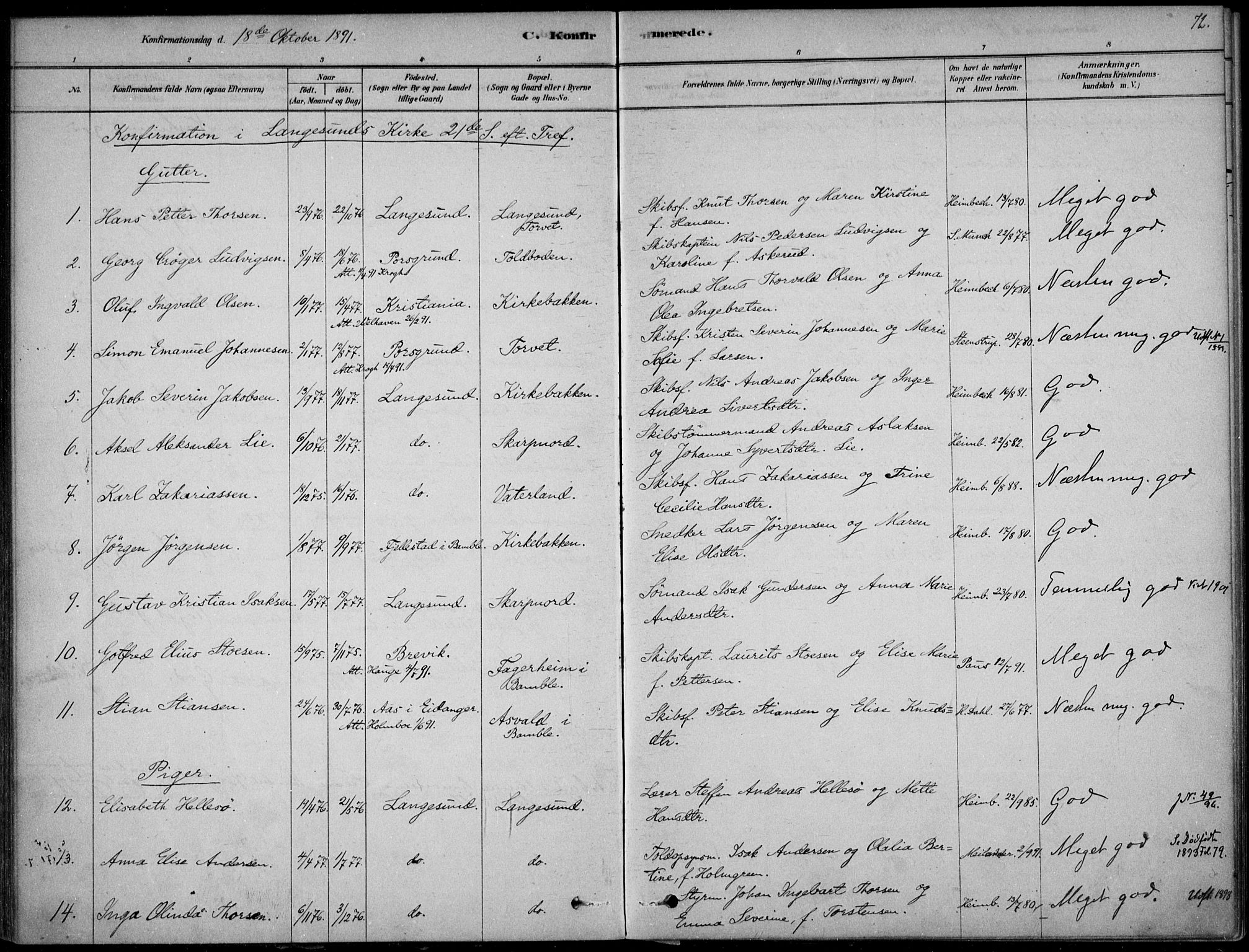 Langesund kirkebøker, SAKO/A-280/F/Fa/L0002: Parish register (official) no. 2, 1878-1892, p. 72
