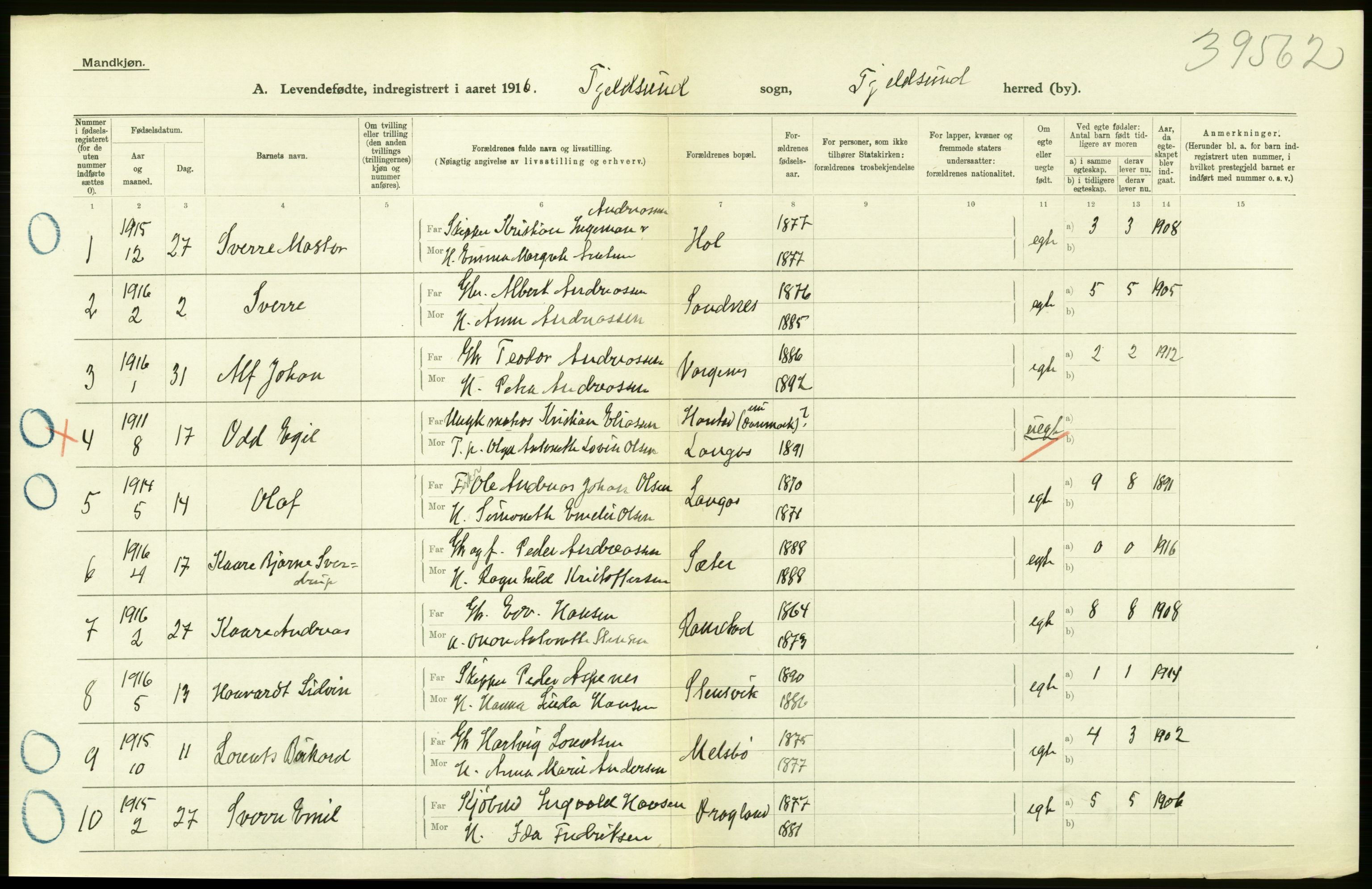 Statistisk sentralbyrå, Sosiodemografiske emner, Befolkning, RA/S-2228/D/Df/Dfb/Dfbf/L0050: Nordlands amt: Levendefødte menn og kvinner. Bygder., 1916, p. 40