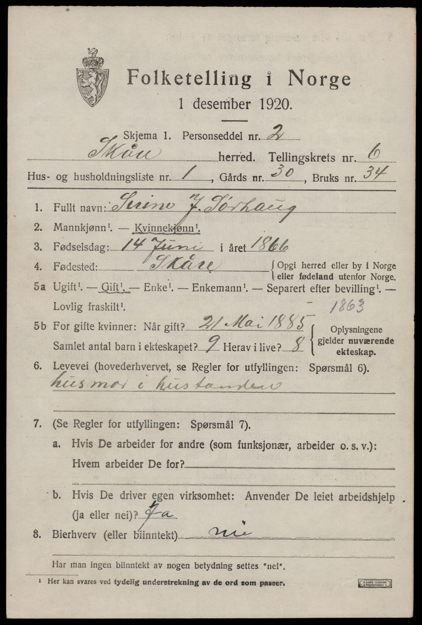 SAST, 1920 census for Skåre, 1920, p. 3730