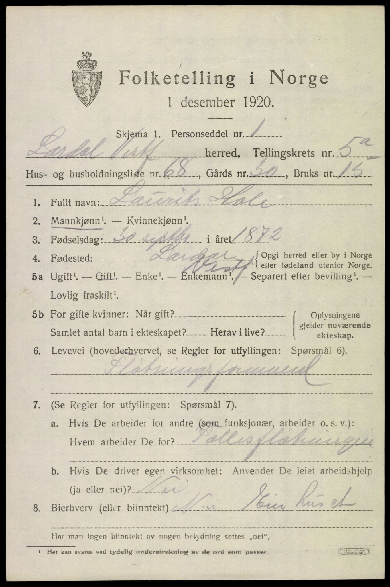 SAKO, 1920 census for Lardal, 1920, p. 5223