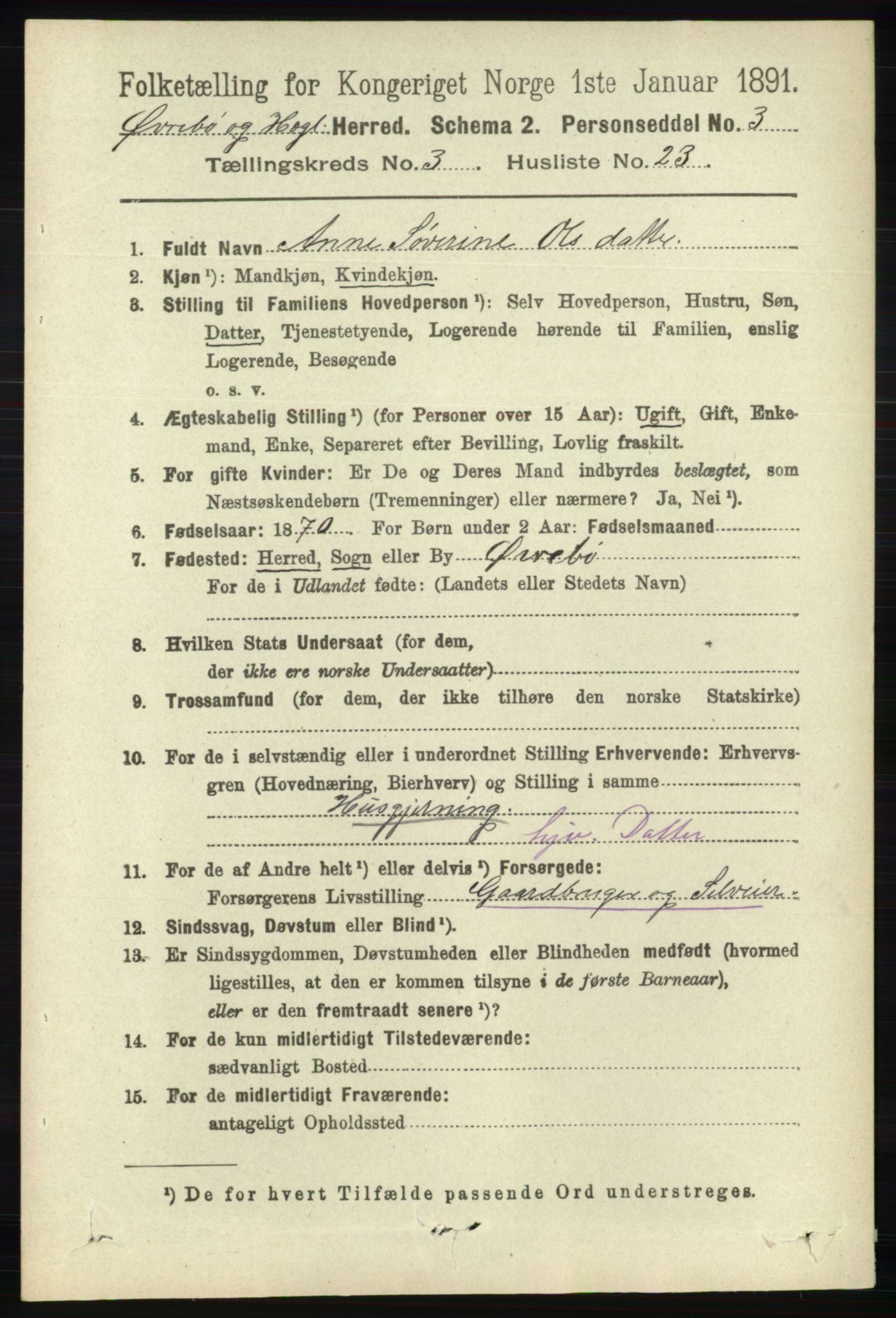 RA, 1891 census for 1016 Øvrebø og Hægeland, 1891, p. 645