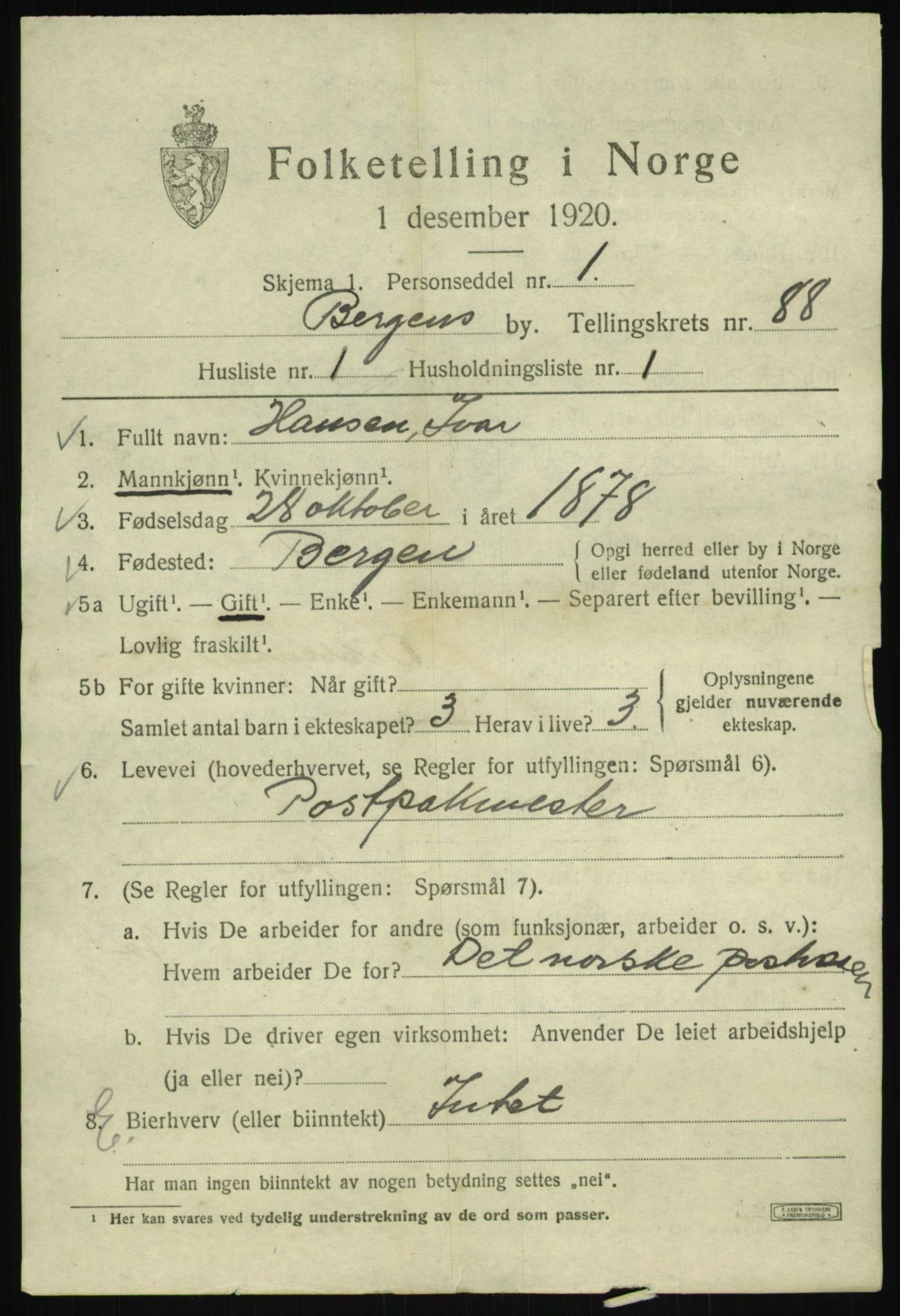 SAB, 1920 census for Bergen, 1920, p. 160718