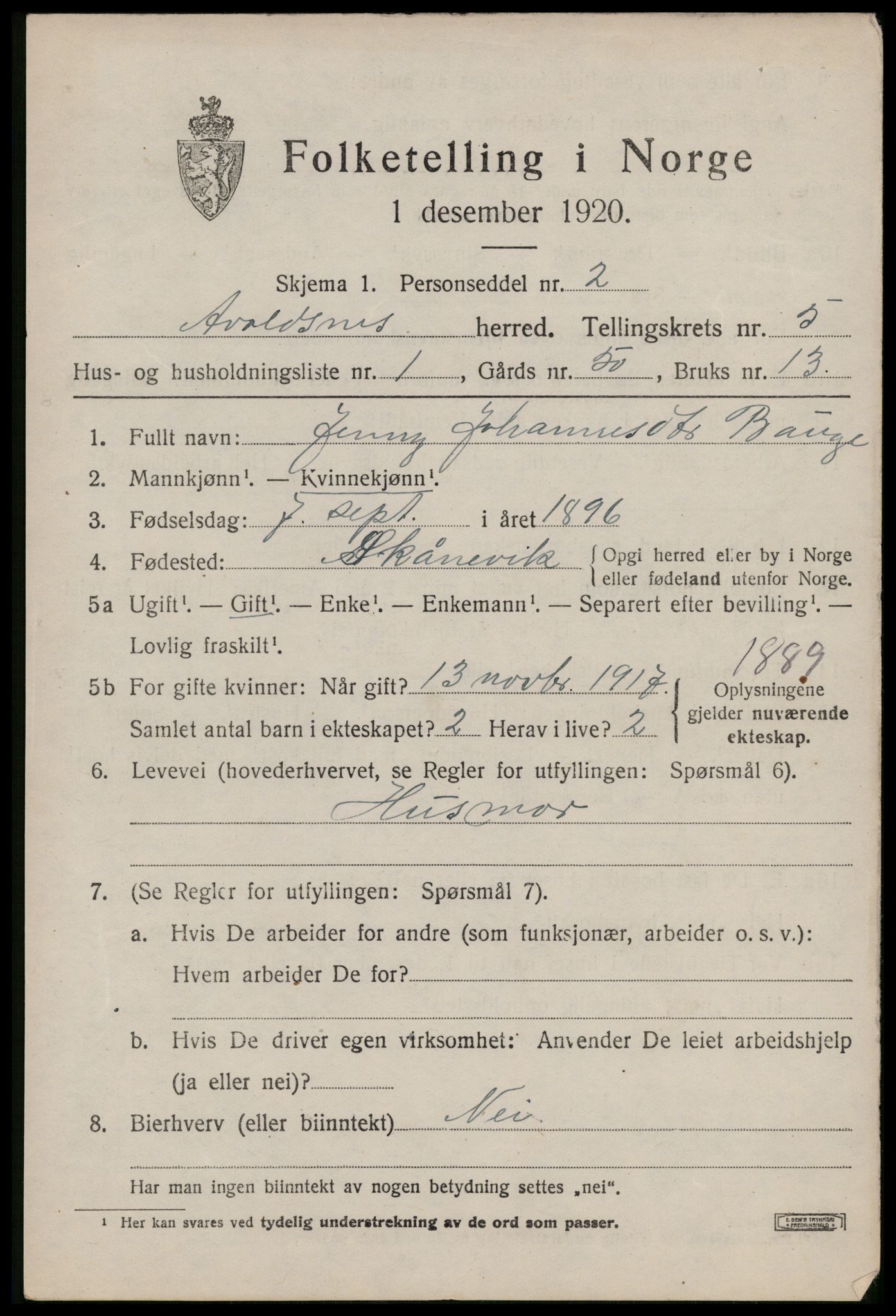 SAST, 1920 census for Avaldsnes, 1920, p. 5165