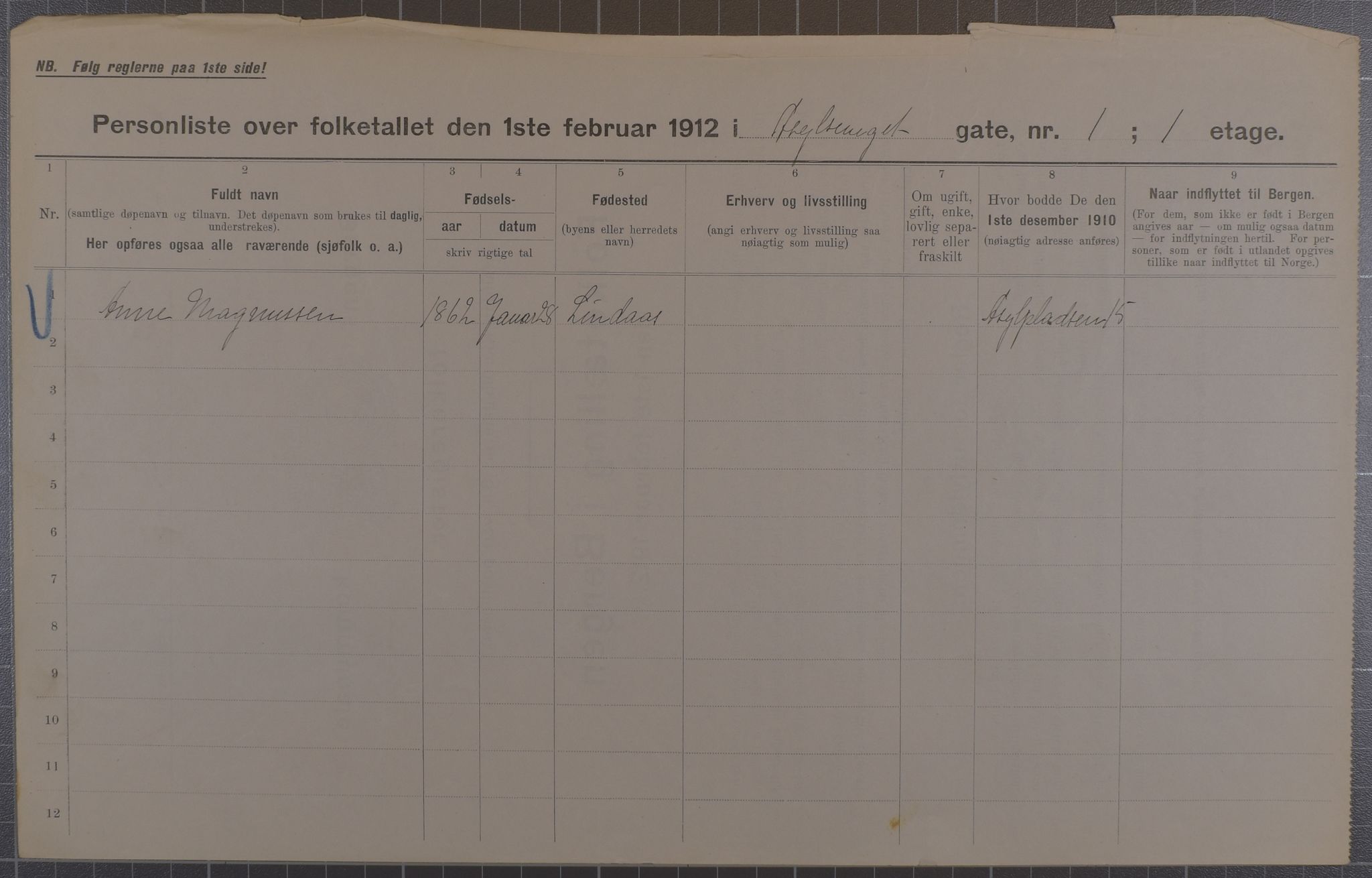 SAB, Municipal Census 1912 for Bergen, 1912, p. 1699