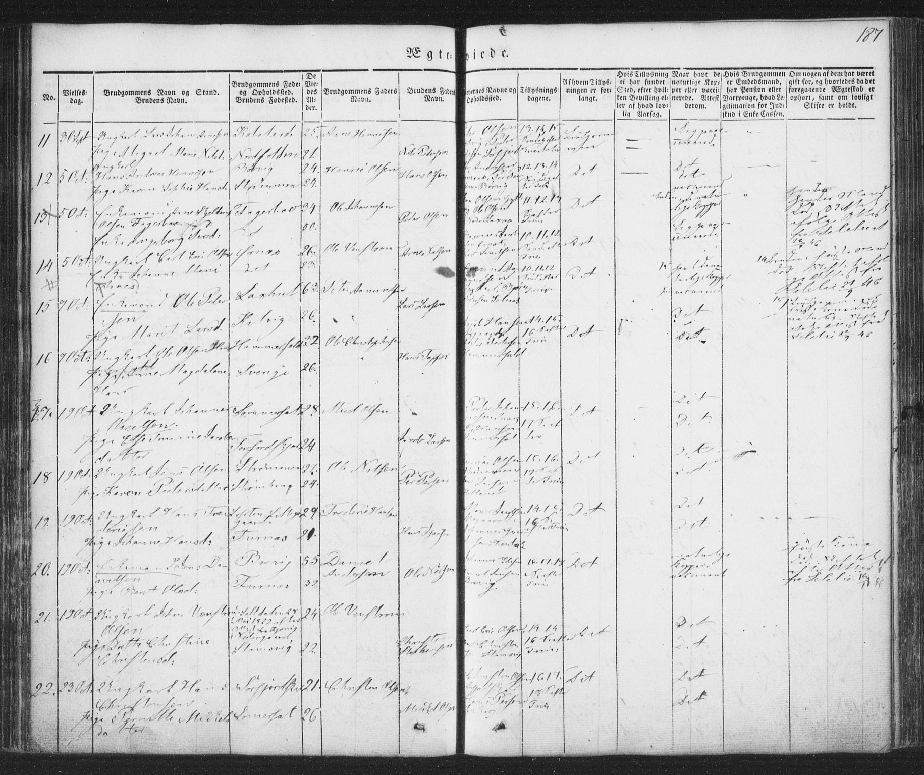 Ministerialprotokoller, klokkerbøker og fødselsregistre - Nordland, AV/SAT-A-1459/853/L0769: Parish register (official) no. 853A08, 1836-1856, p. 187