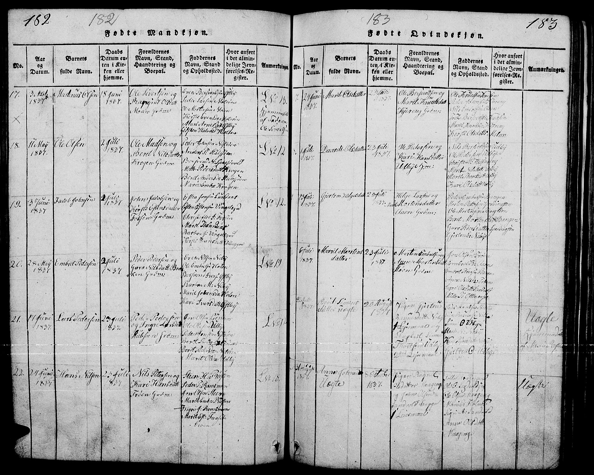 Tynset prestekontor, SAH/PREST-058/H/Ha/Hab/L0001: Parish register (copy) no. 1, 1814-1859, p. 182-183