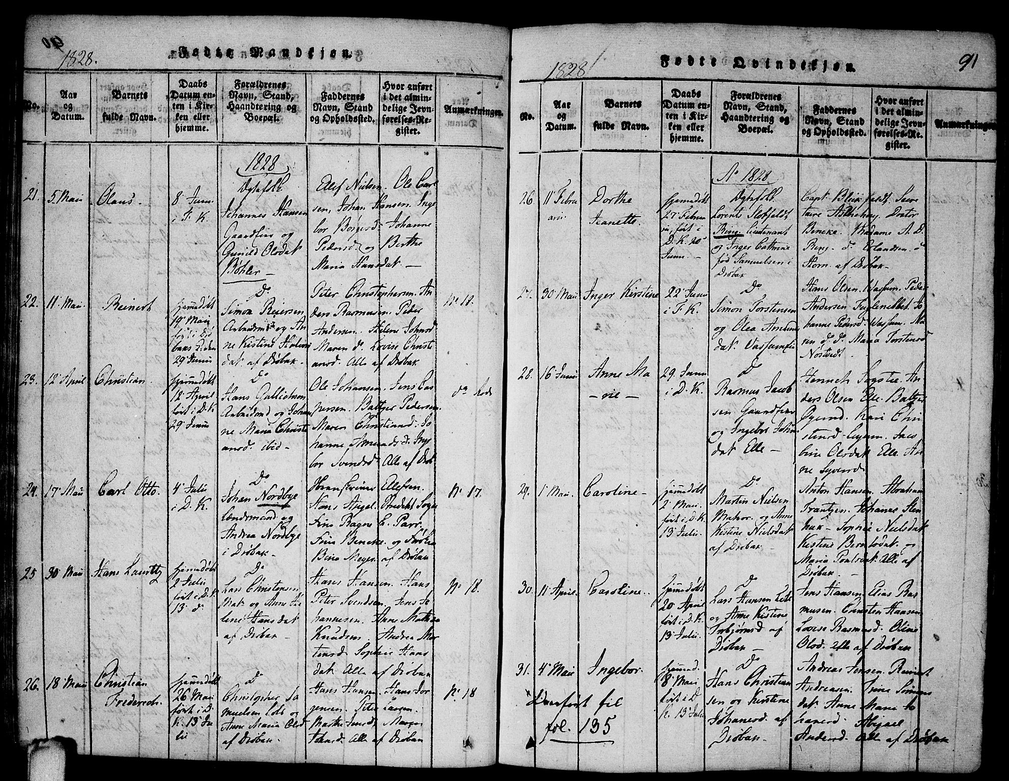Drøbak prestekontor Kirkebøker, SAO/A-10142a/F/Fa/L0001: Parish register (official) no. I 1, 1816-1842, p. 91