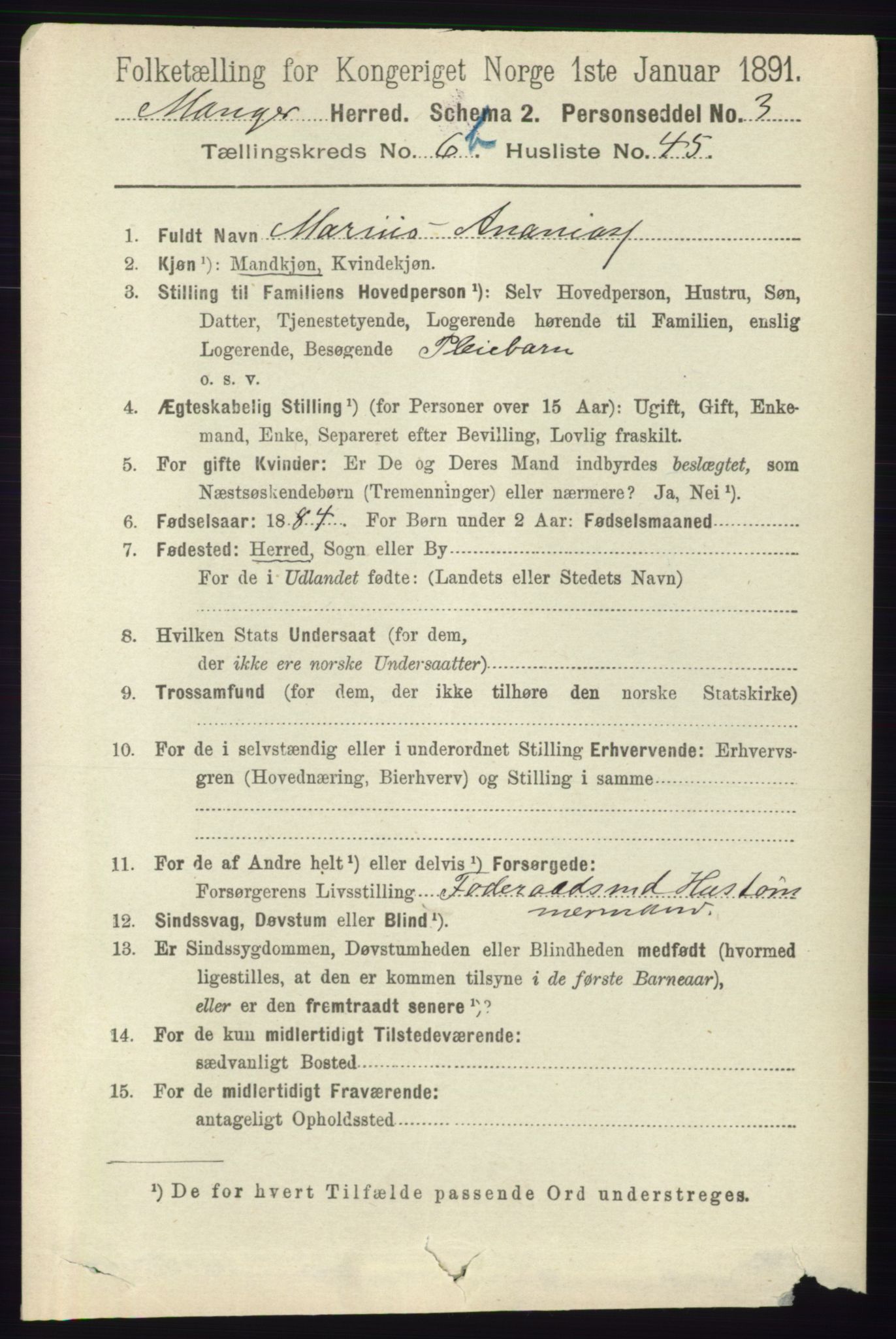 RA, 1891 census for 1261 Manger, 1891, p. 4245