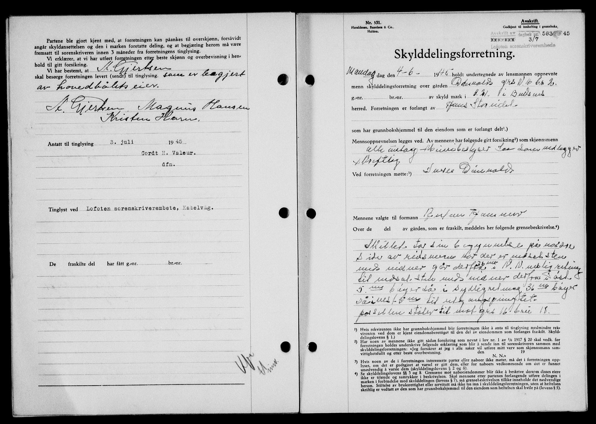 Lofoten sorenskriveri, SAT/A-0017/1/2/2C/L0013a: Mortgage book no. 13a, 1944-1946, Diary no: : 583/1945