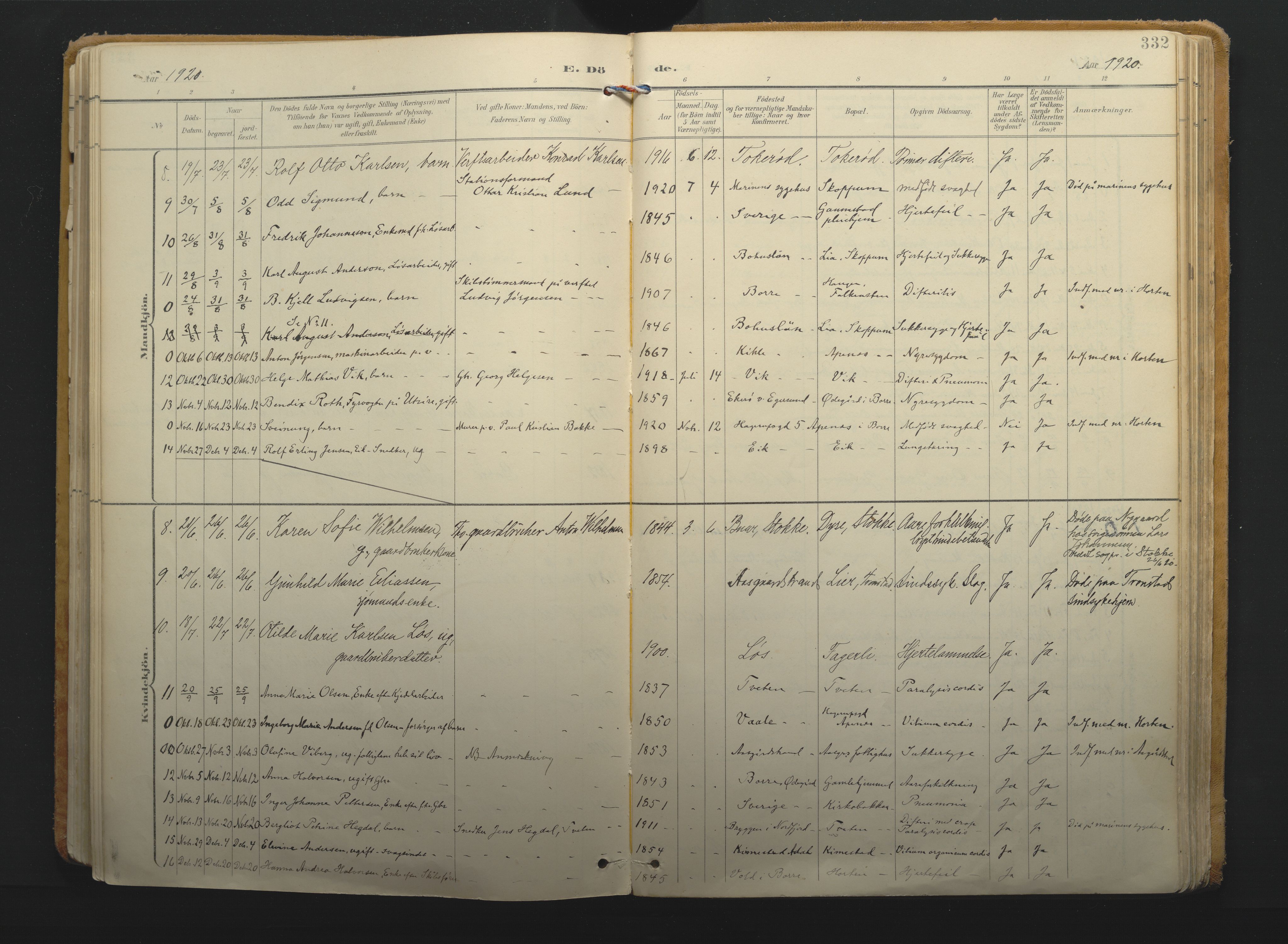 Borre kirkebøker, SAKO/A-338/F/Fa/L0011: Parish register (official) no. I 11, 1897-1921, p. 332