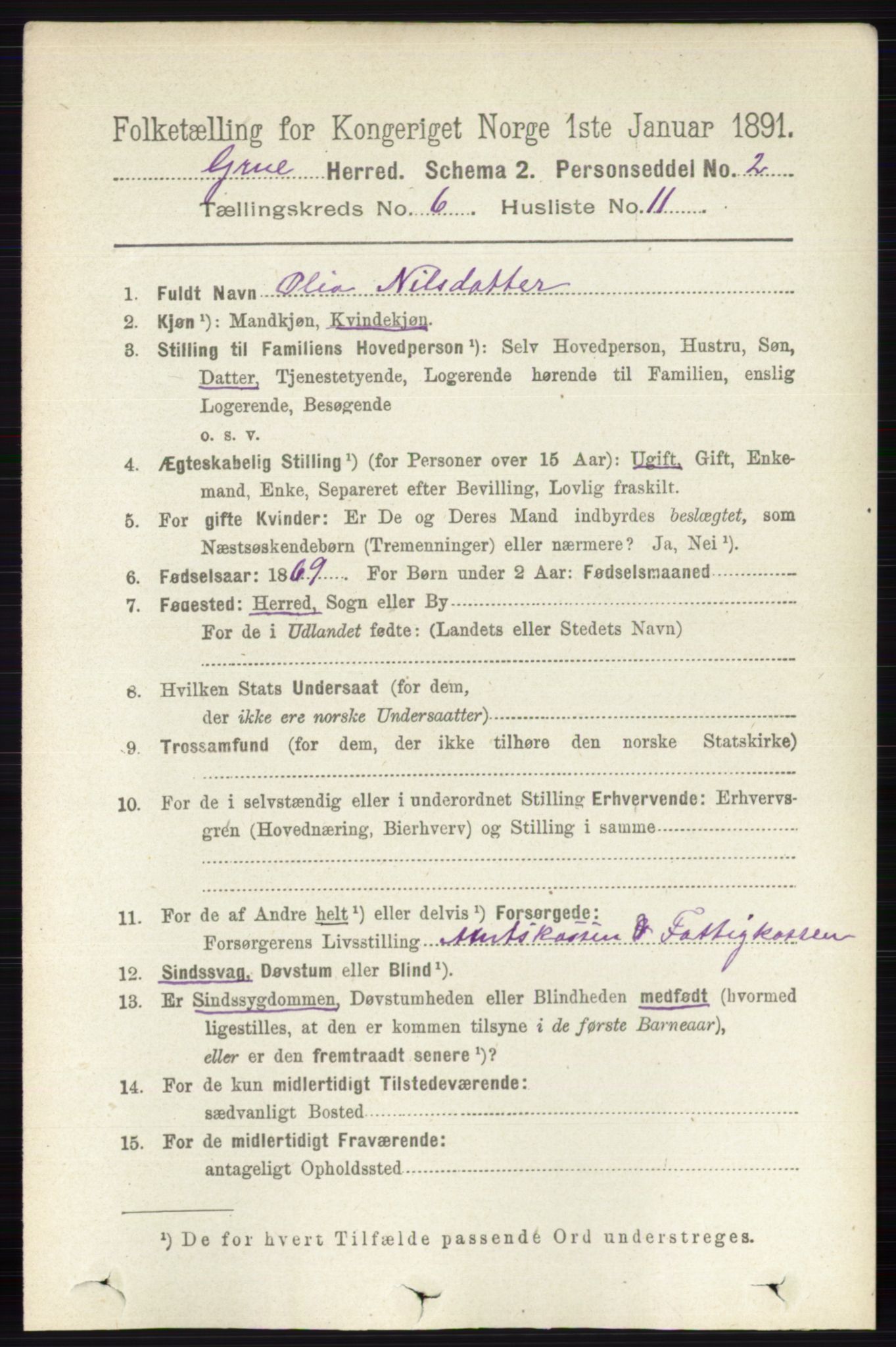 RA, 1891 census for 0423 Grue, 1891, p. 3287