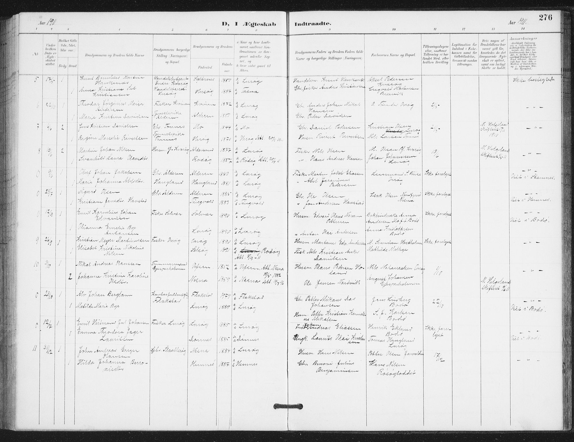 Ministerialprotokoller, klokkerbøker og fødselsregistre - Nordland, AV/SAT-A-1459/839/L0573: Parish register (copy) no. 839C03, 1892-1917, p. 276