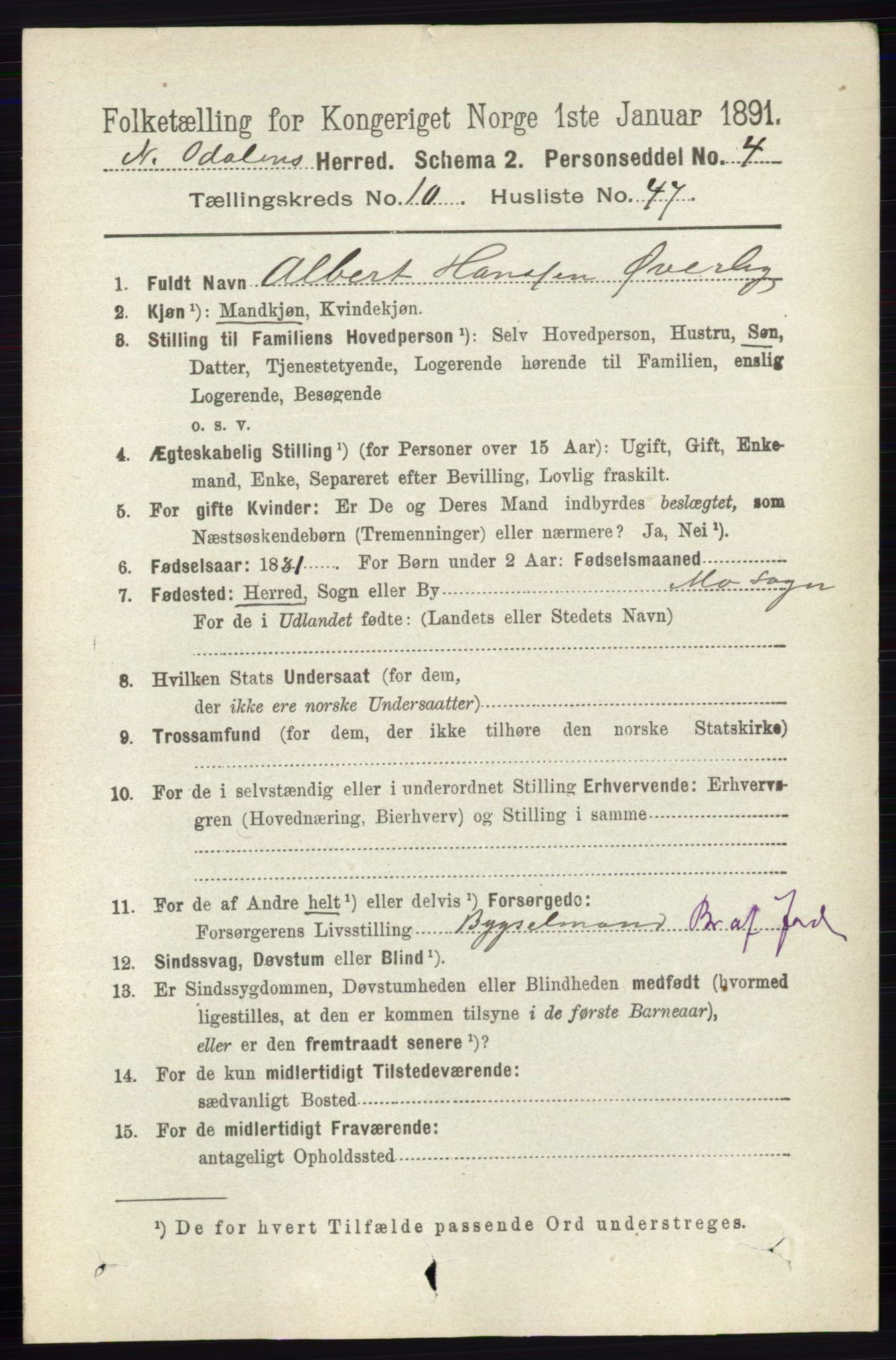 RA, 1891 census for 0418 Nord-Odal, 1891, p. 4797