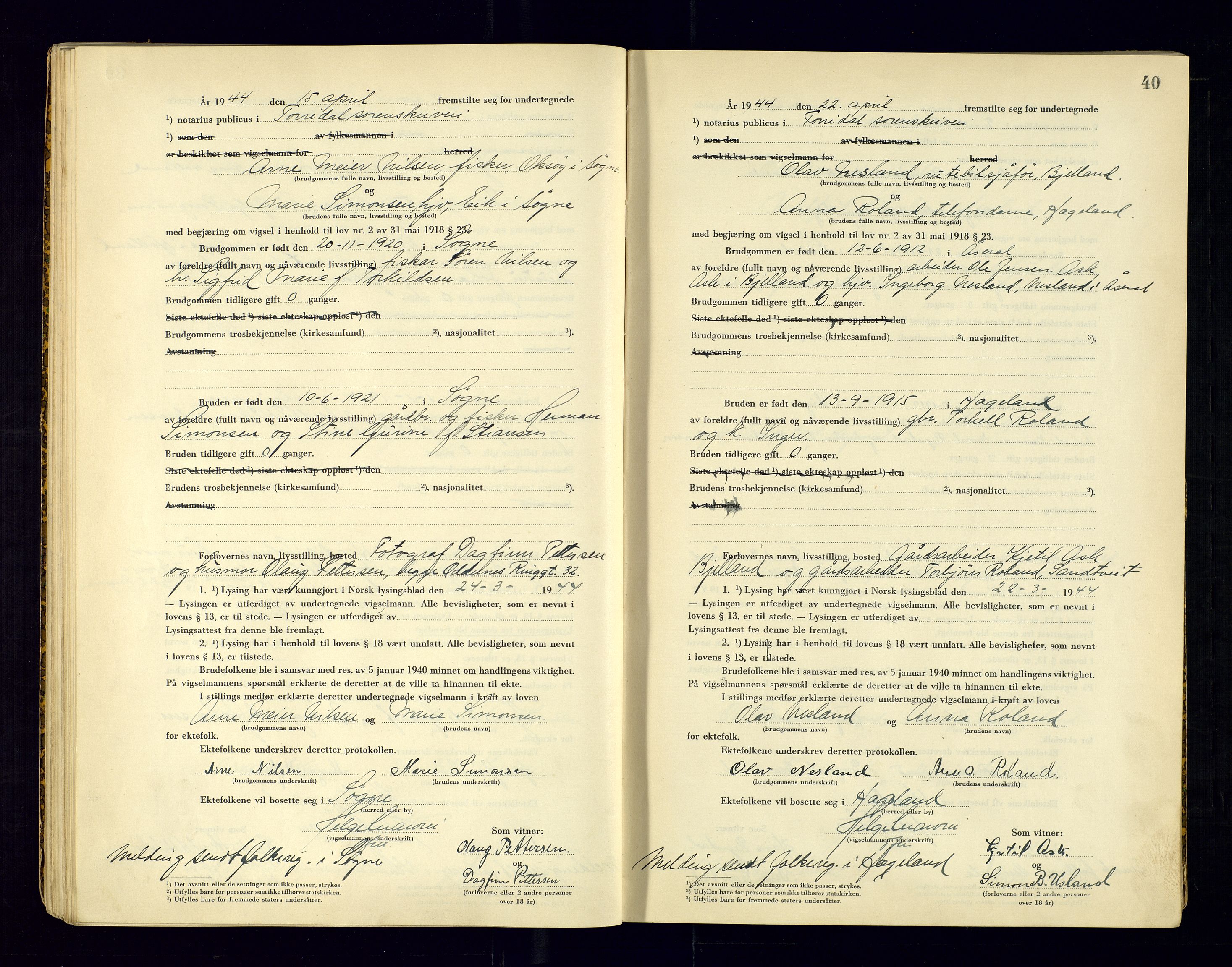 Torridal sorenskriveri, AV/SAK-1221-0012/L/Ld/L0004: Vigselbok nr. 2, 1943-1946, p. 40