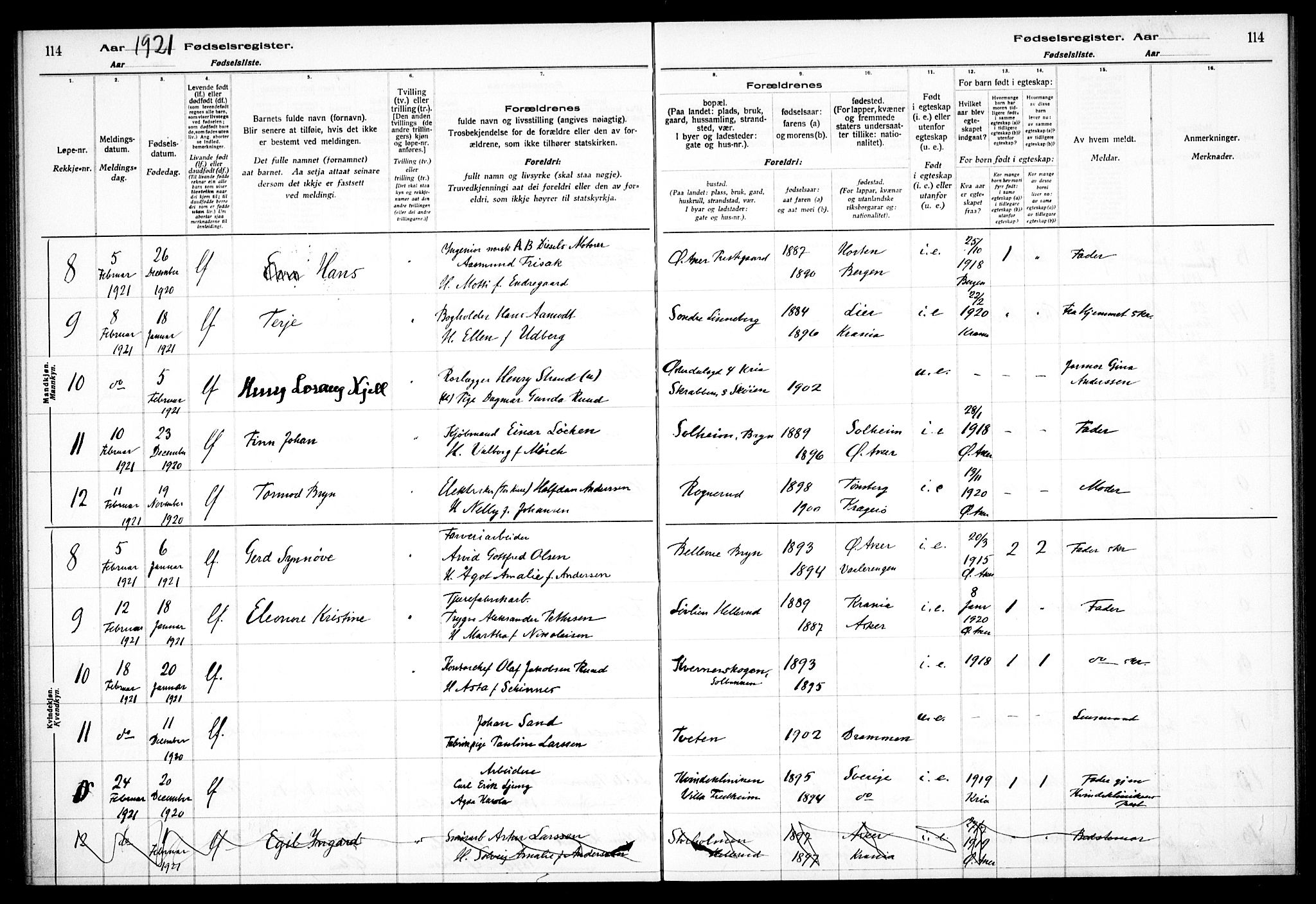 Østre Aker prestekontor Kirkebøker, AV/SAO-A-10840/J/Ja/L0001: Birth register no. I 1, 1916-1923, p. 114