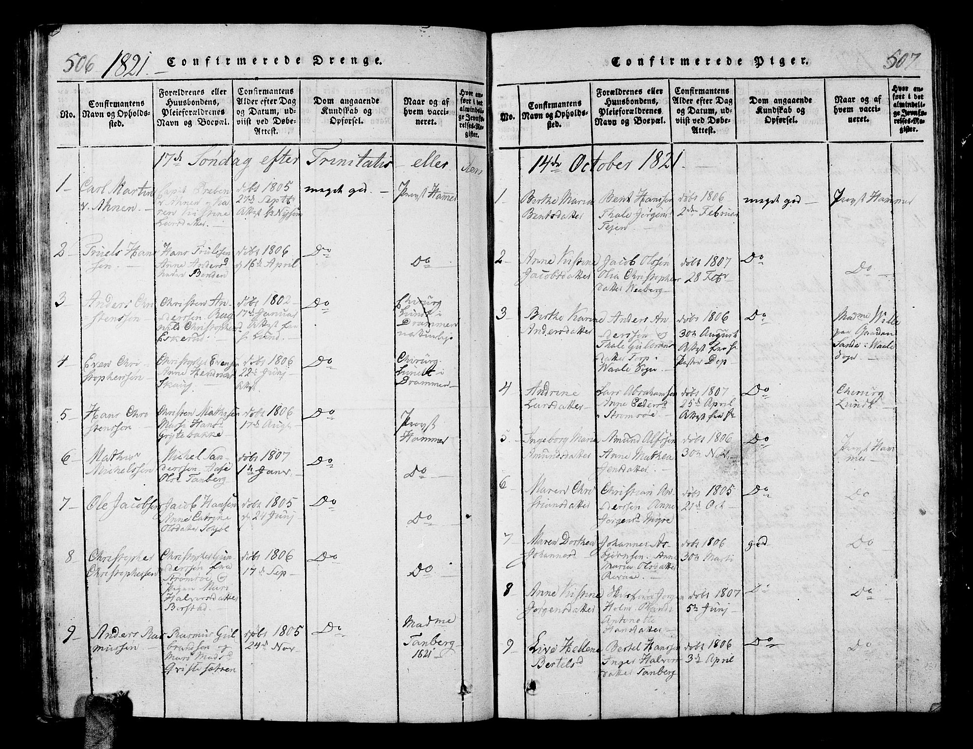 Sande Kirkebøker, AV/SAKO-A-53/G/Ga/L0001: Parish register (copy) no. 1, 1814-1847, p. 506-507