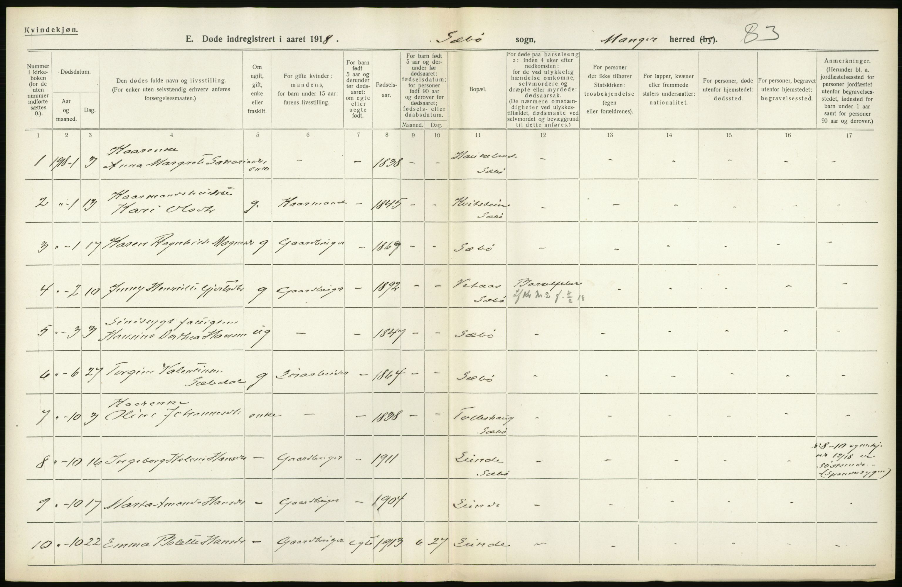 Statistisk sentralbyrå, Sosiodemografiske emner, Befolkning, RA/S-2228/D/Df/Dfb/Dfbh/L0036: Hordaland fylke: Døde., 1918, p. 590