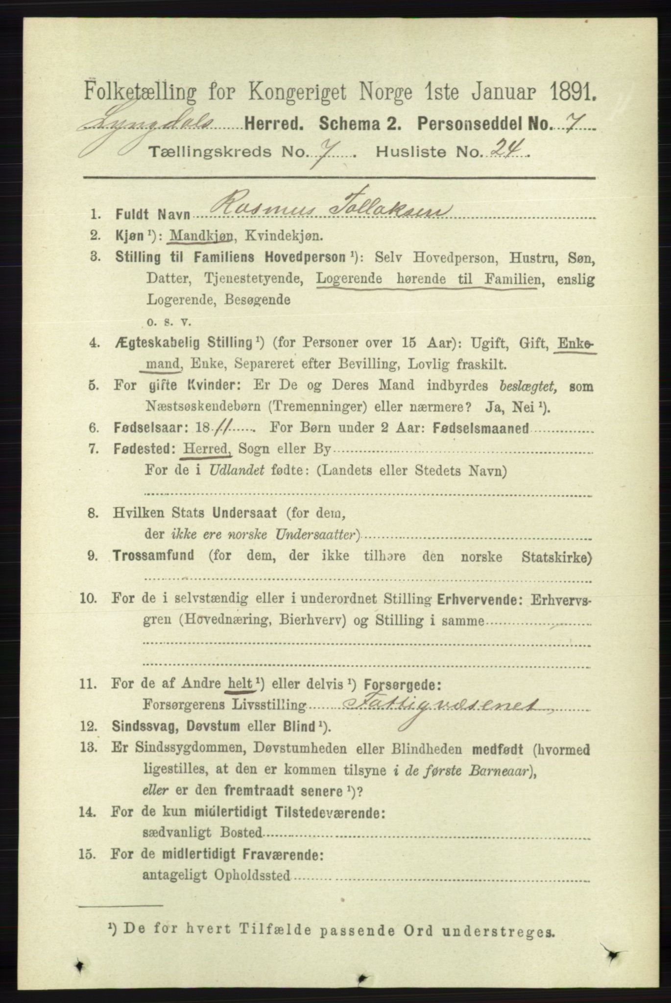 RA, 1891 census for 1032 Lyngdal, 1891, p. 3052