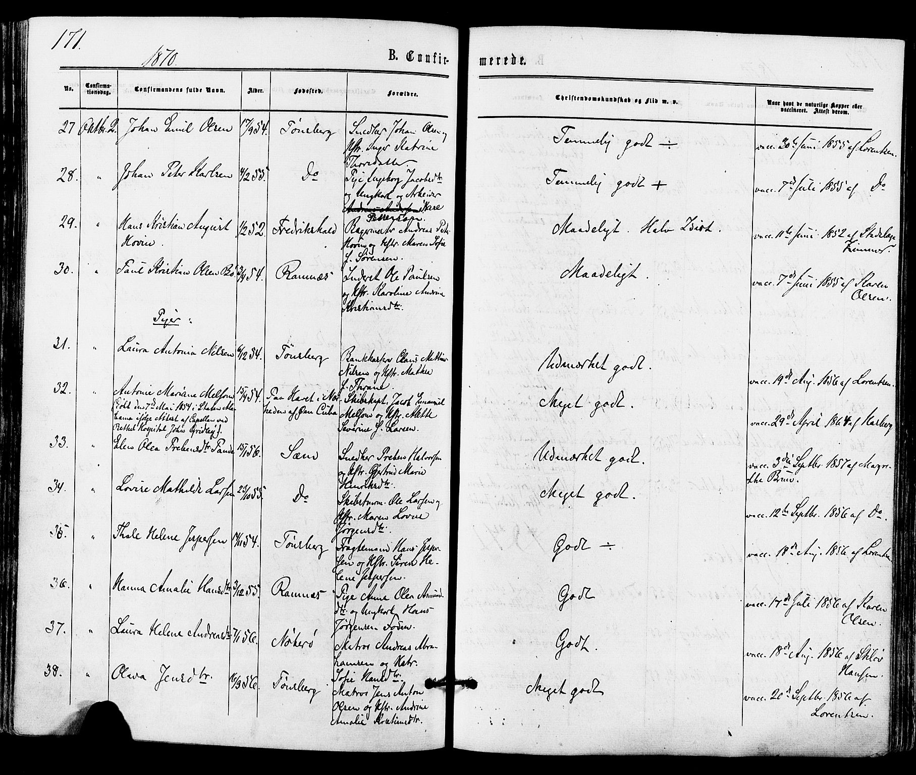 Tønsberg kirkebøker, AV/SAKO-A-330/F/Fa/L0009: Parish register (official) no. I 9, 1865-1873, p. 171