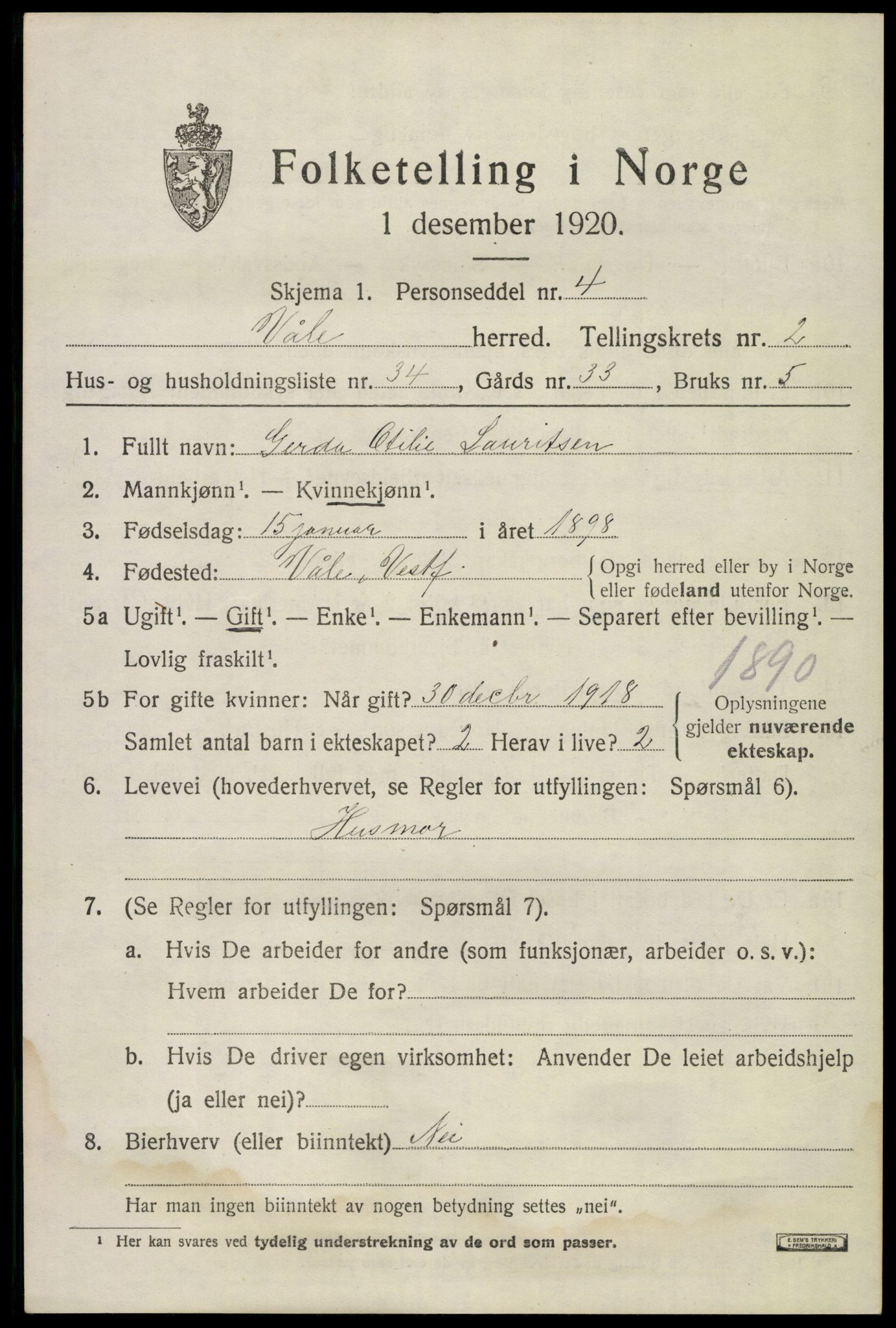 SAKO, 1920 census for Våle, 1920, p. 2288