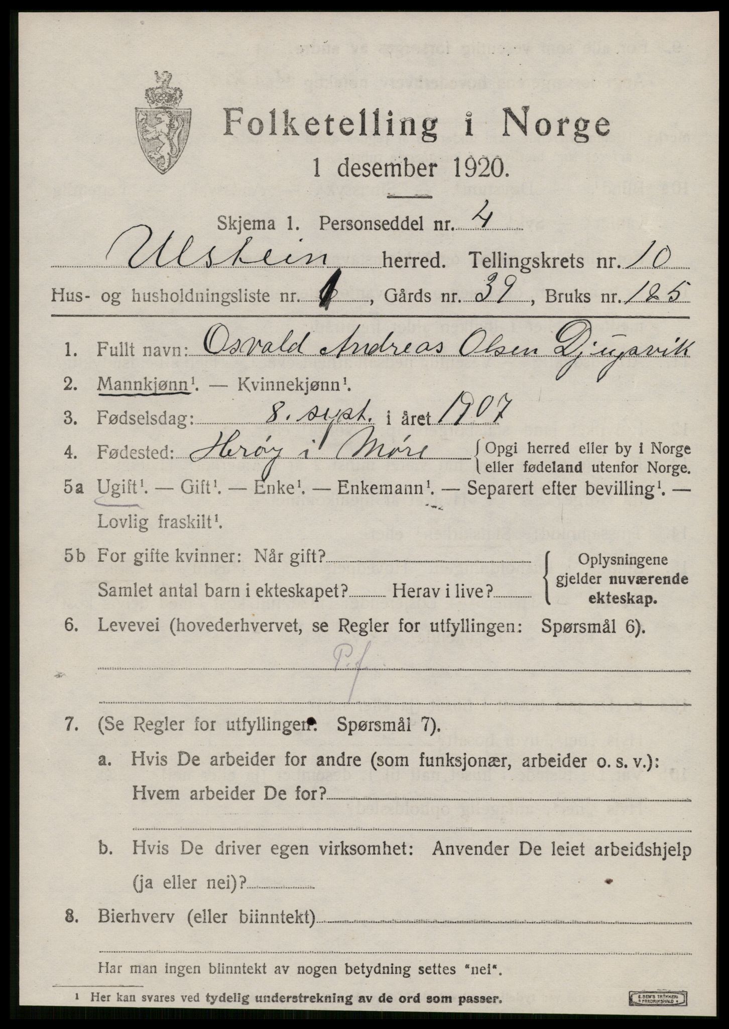 SAT, 1920 census for Ulstein, 1920, p. 5320